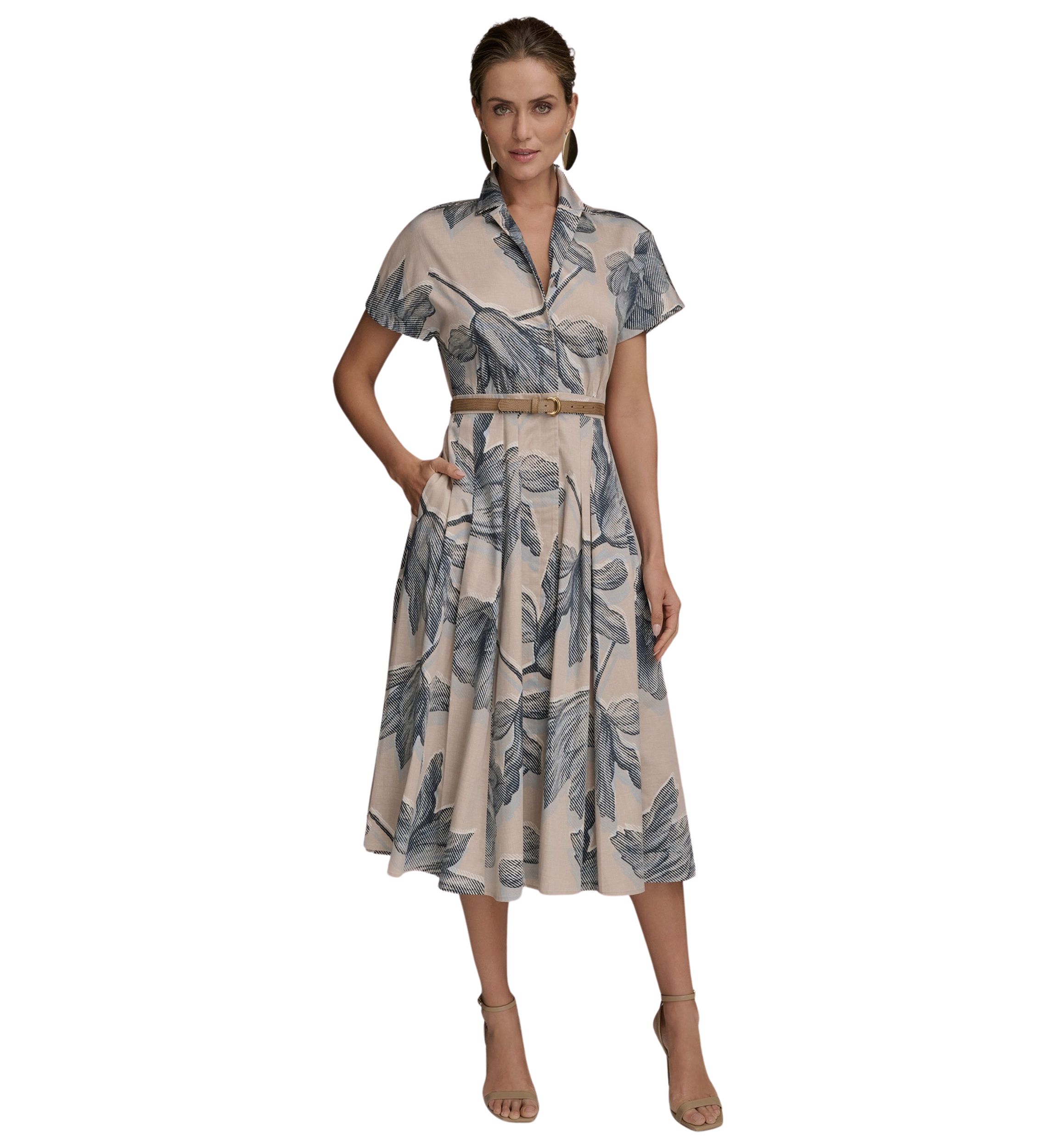 Womens Short Sleeve Belted Floral Shirt Dress 