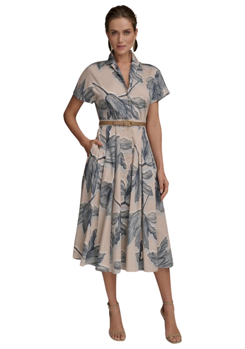 Womens Short Sleeve Belted Floral Shirt Dress 