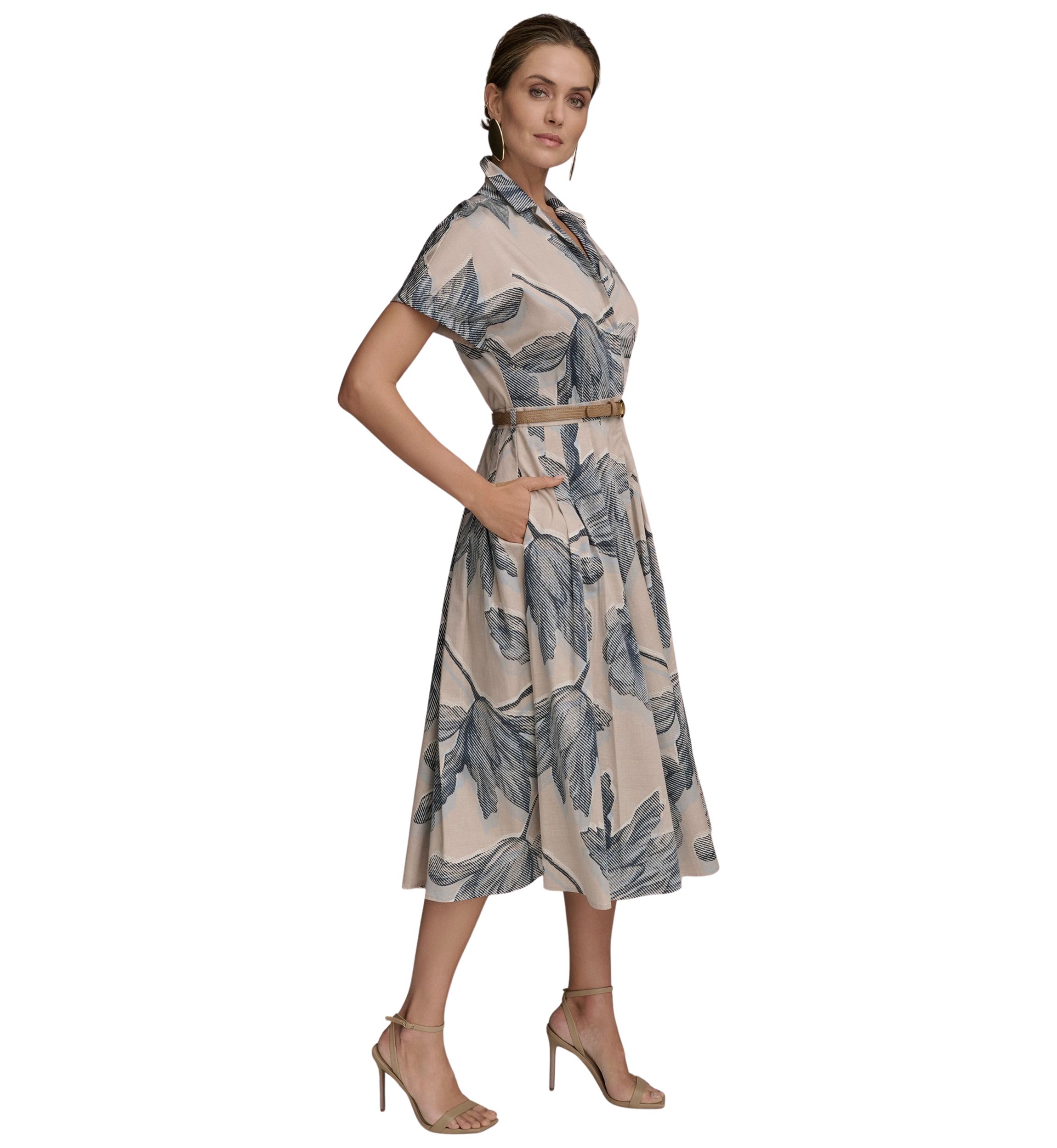 Womens Short Sleeve Belted Floral Shirt Dress 