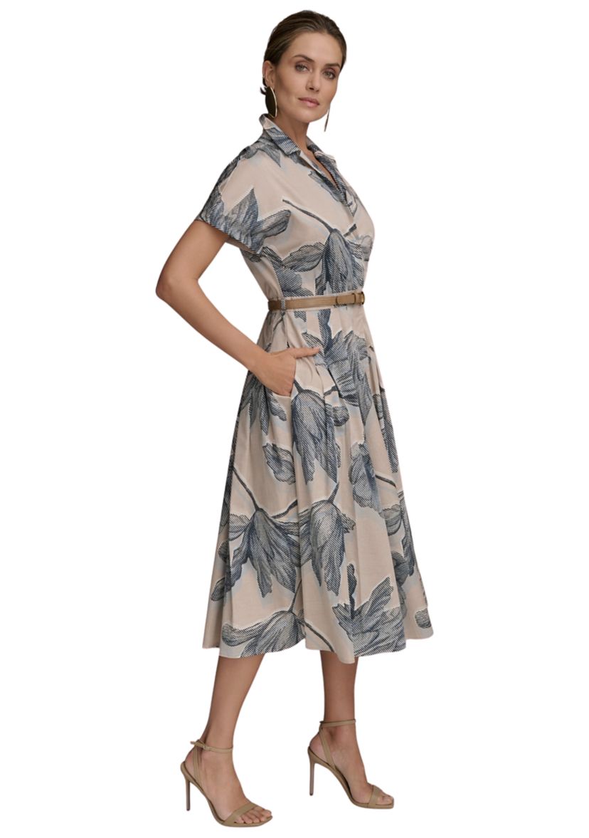 Womens Short Sleeve Belted Floral Shirt Dress 