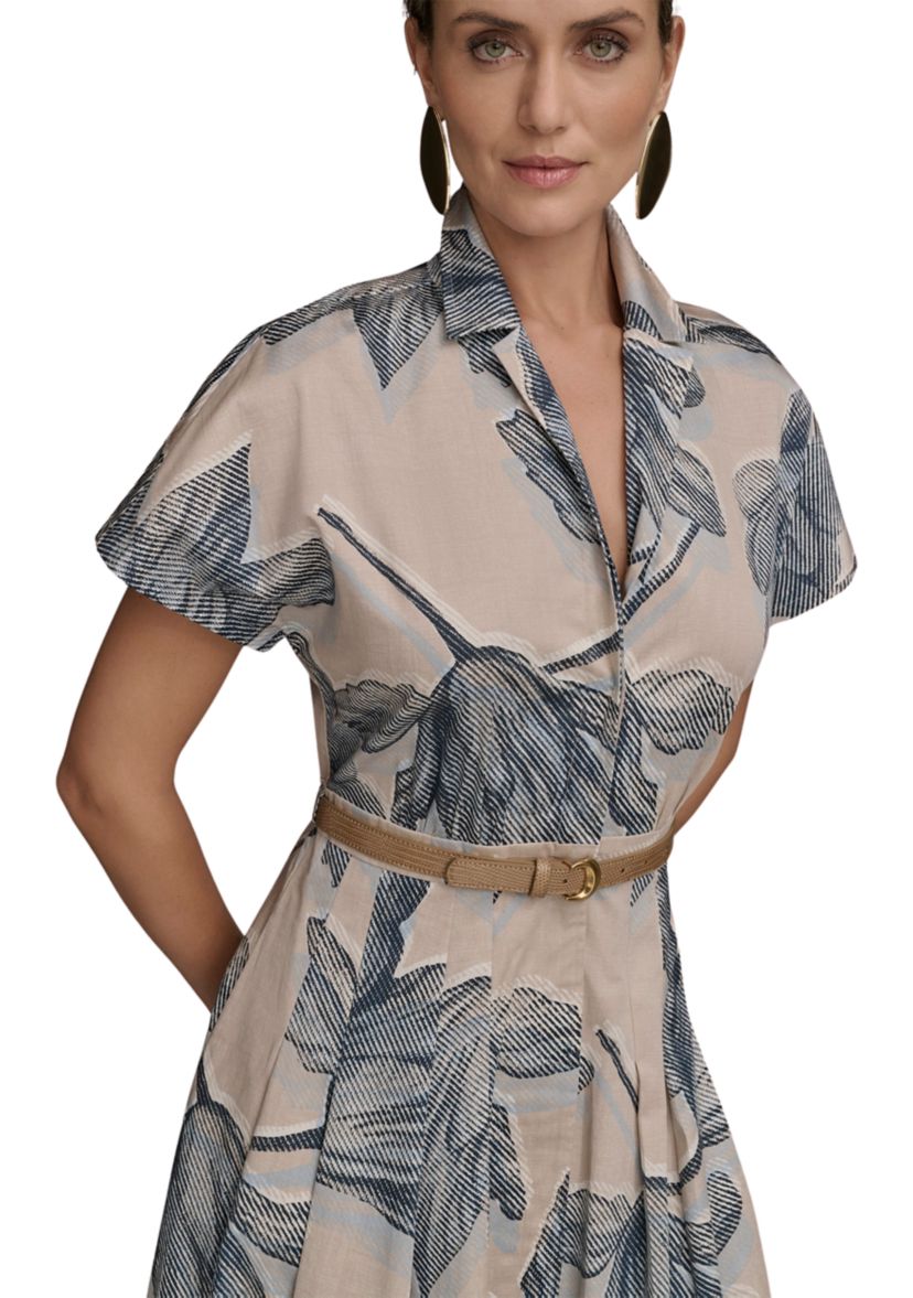 Womens Short Sleeve Belted Floral Shirt Dress 