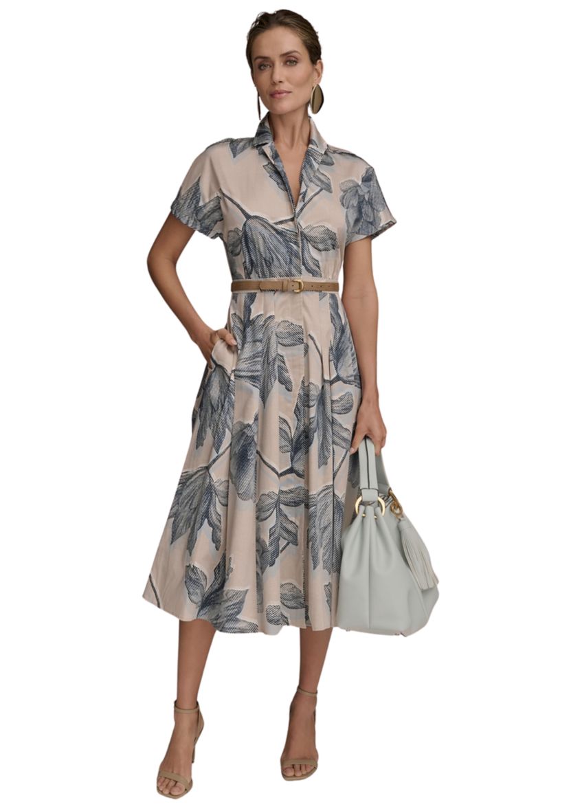 Womens Short Sleeve Belted Floral Shirt Dress 