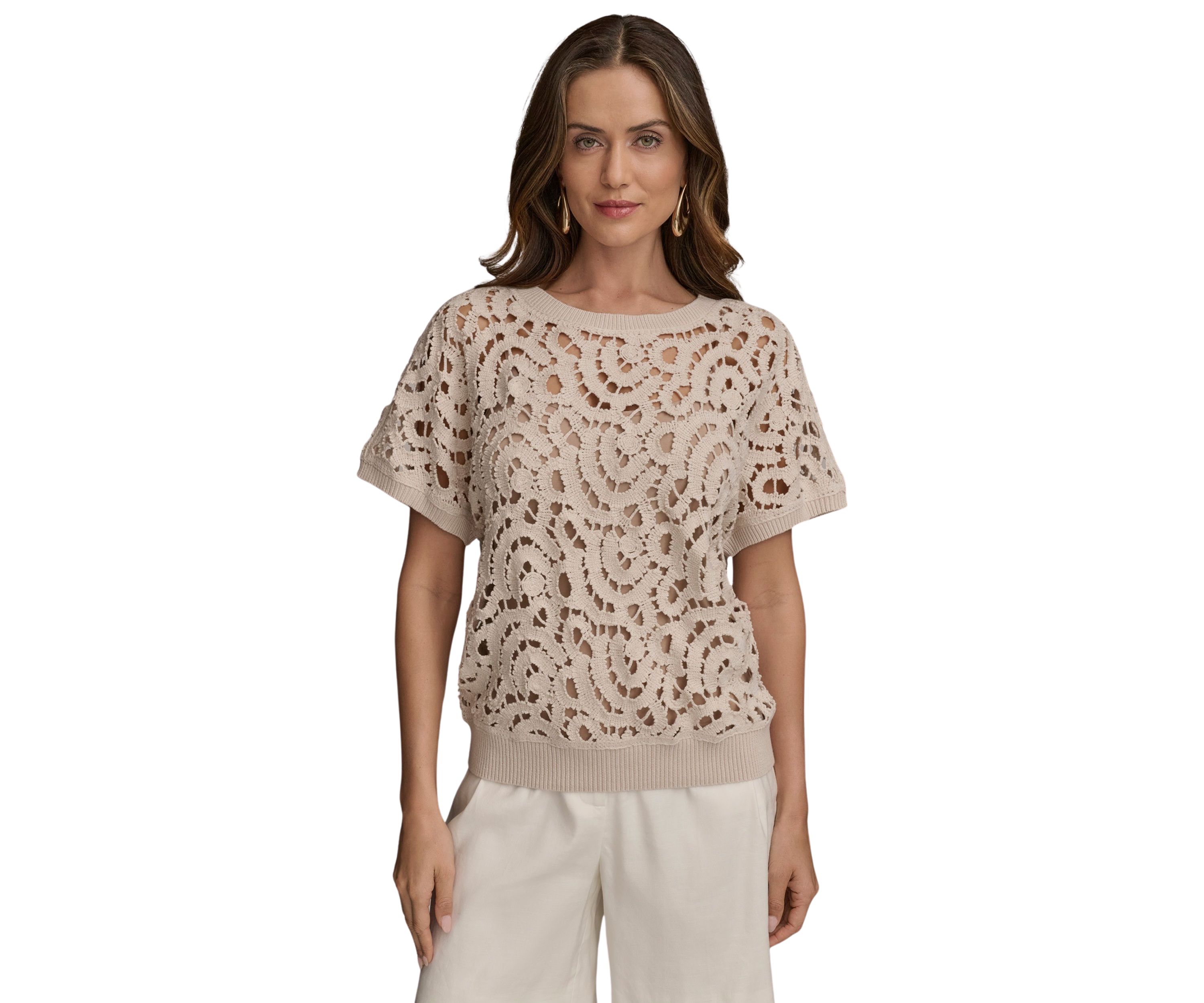 Womens Short Sleeve Open Crochet Sweater 