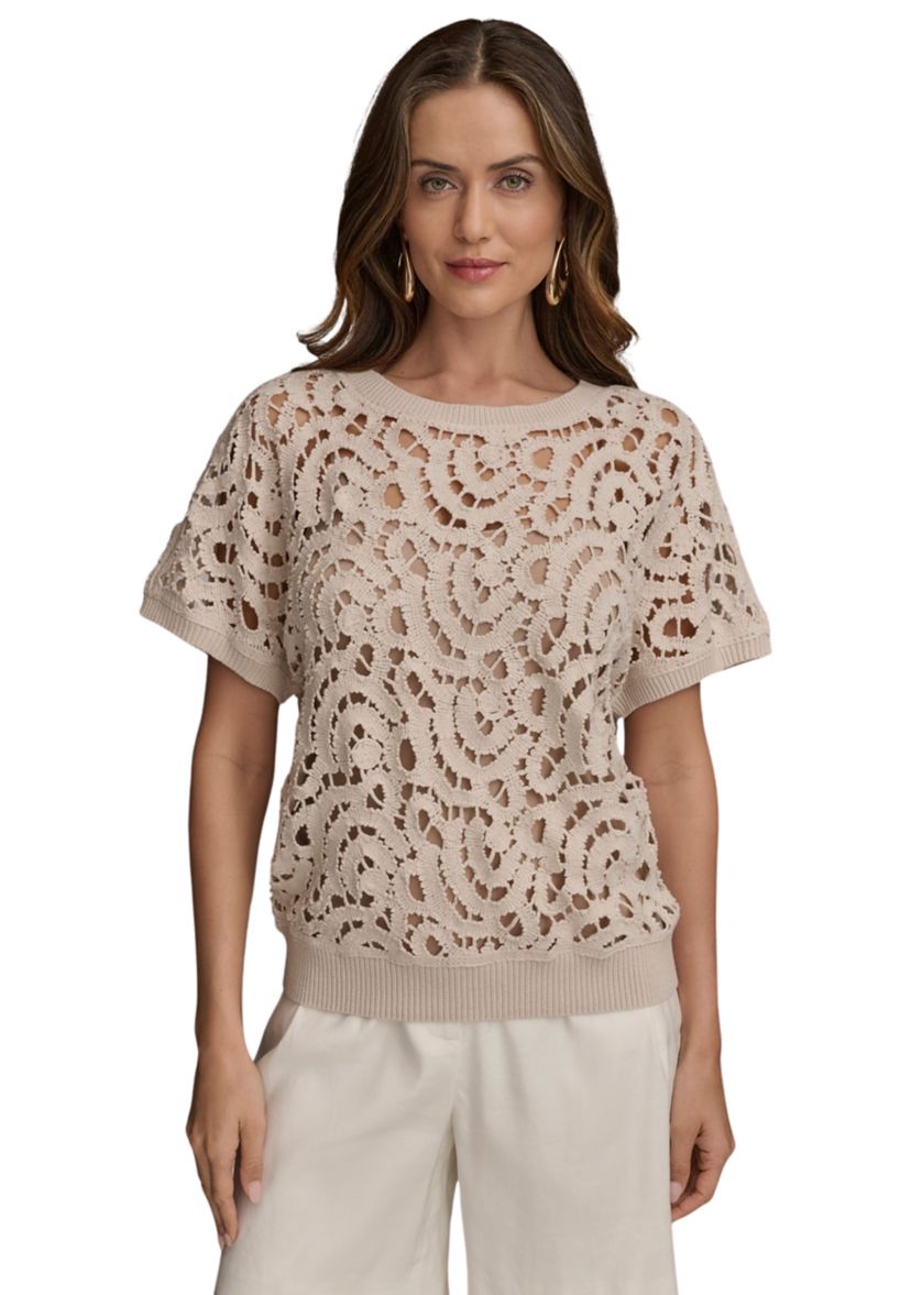 Womens Short Sleeve Open Crochet Sweater 