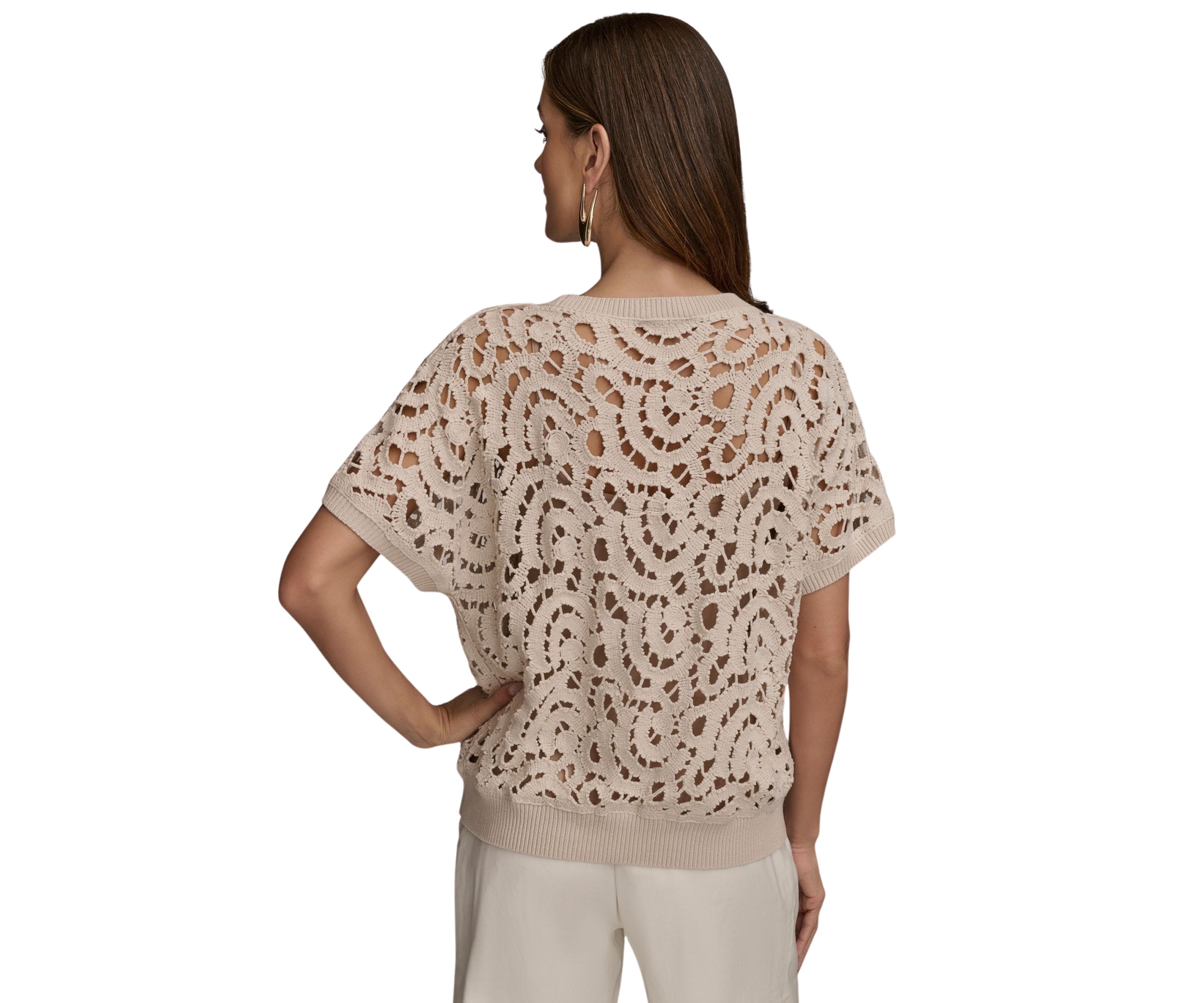 Womens Short Sleeve Open Crochet Sweater 