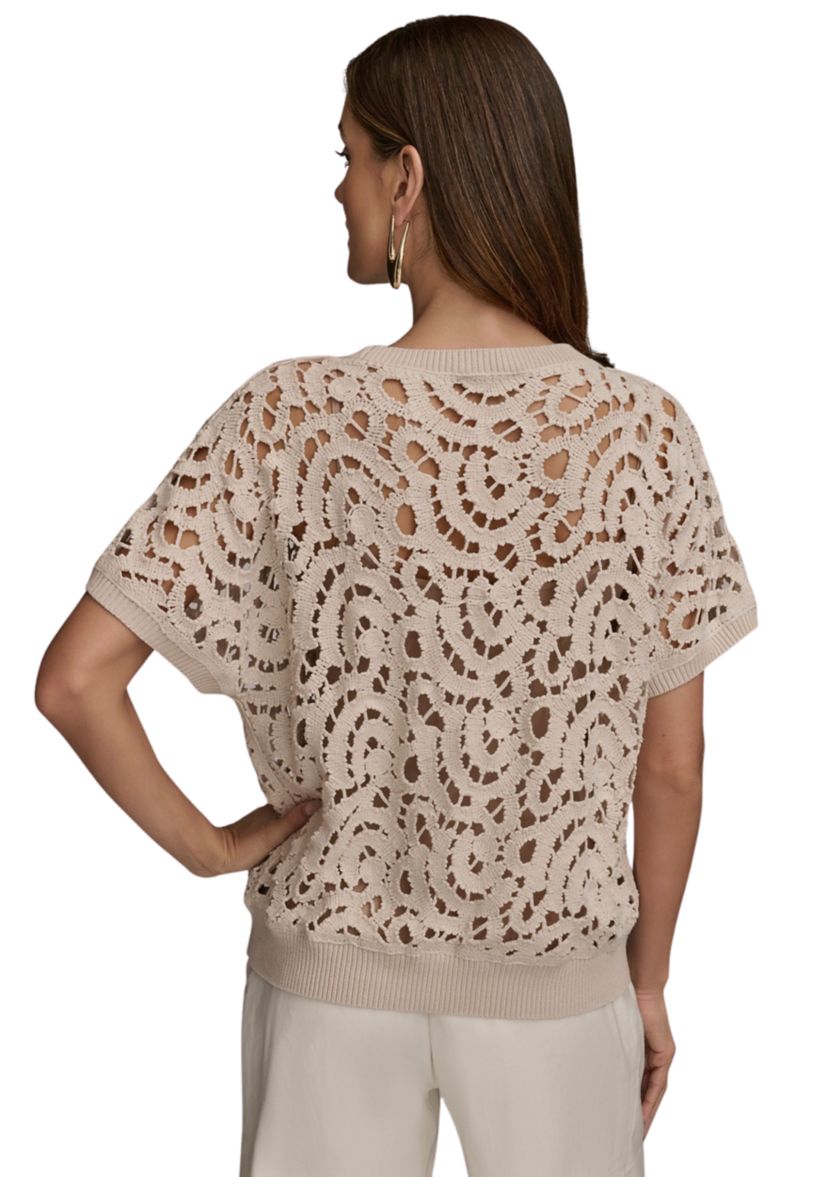 Womens Short Sleeve Open Crochet Sweater 