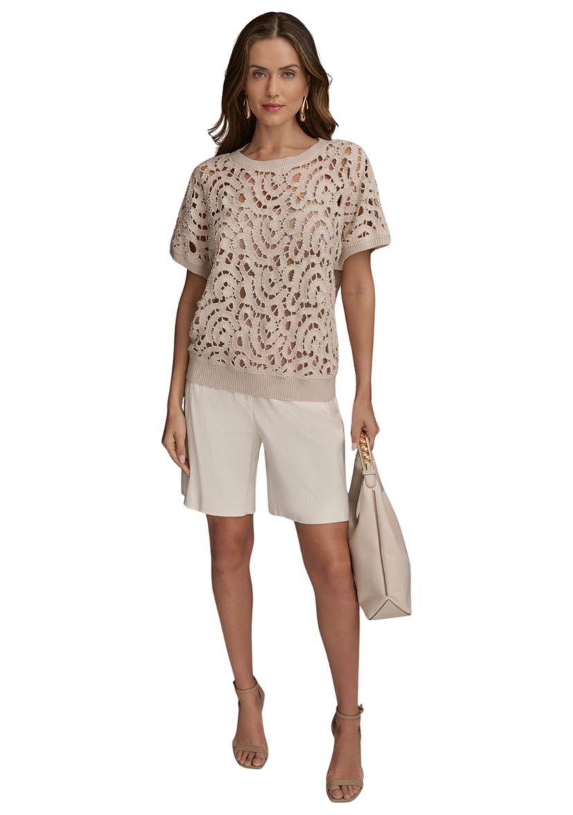 Womens Short Sleeve Open Crochet Sweater 