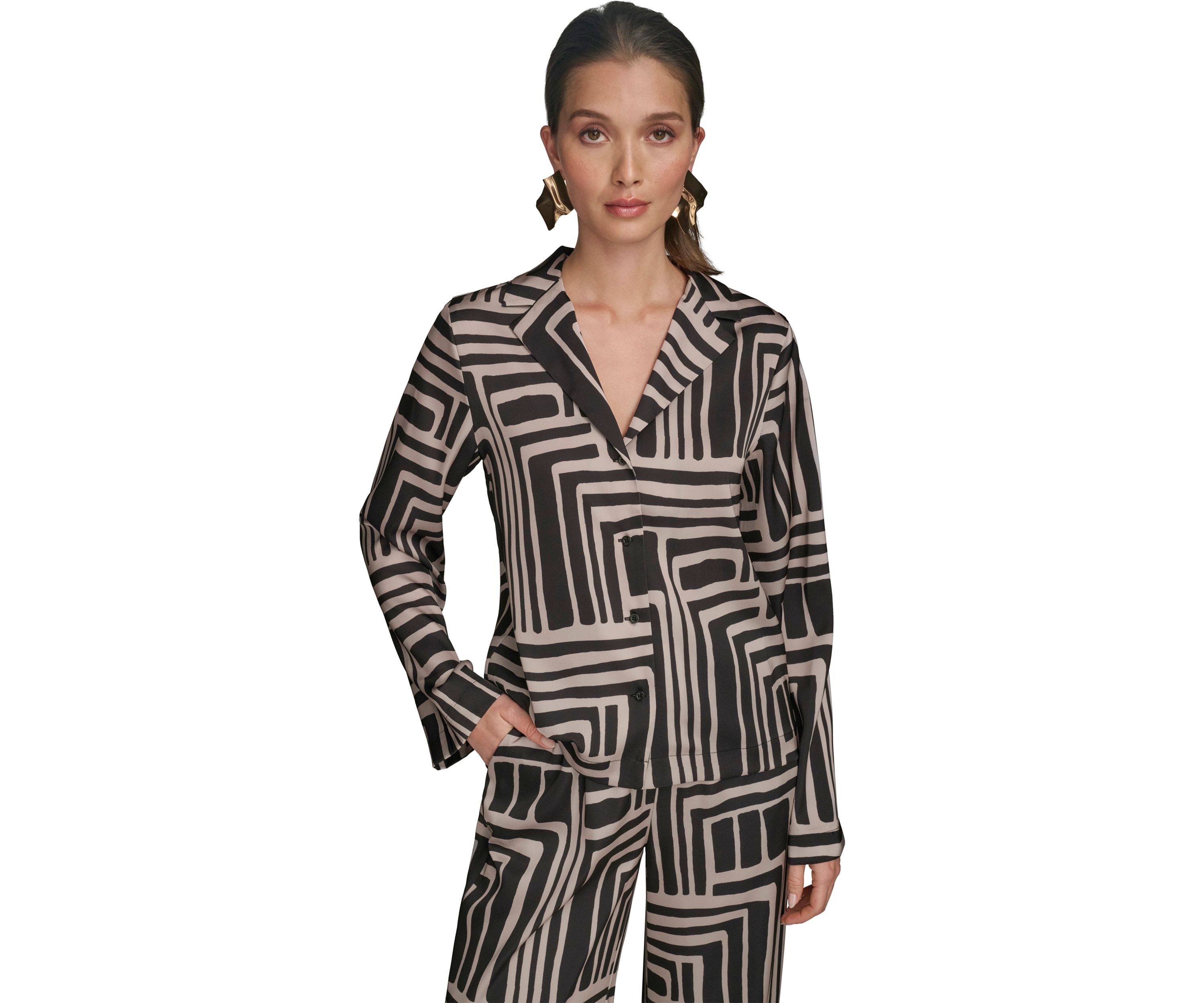 Womens Long Sleeve Geometric Print Collared Shirt 