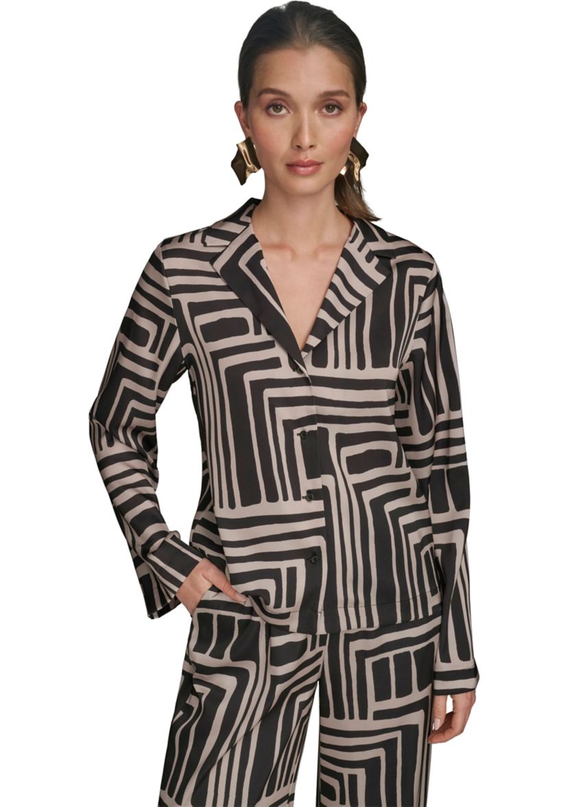 Womens Long Sleeve Geometric Print Collared Shirt 
