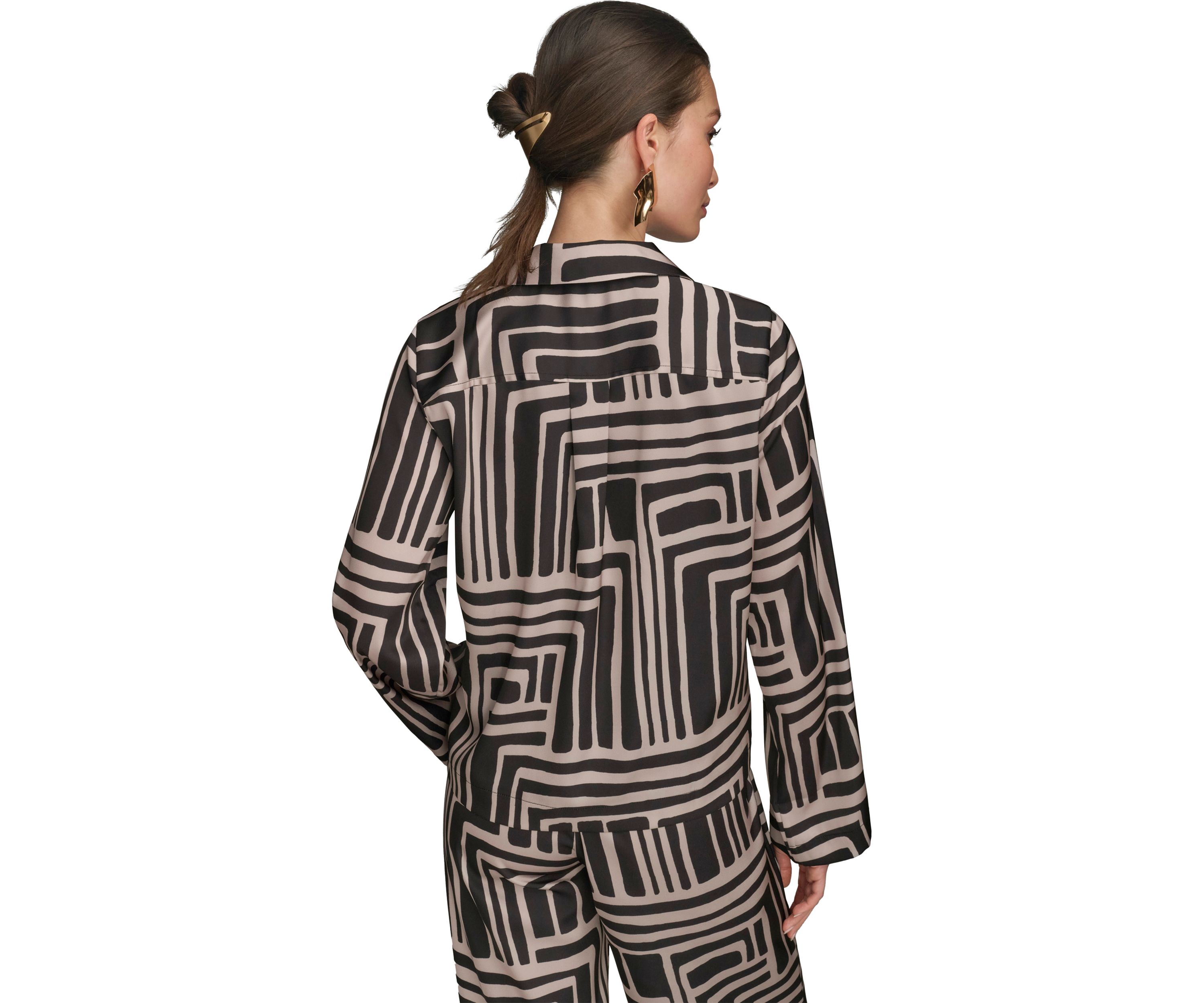 Womens Long Sleeve Geometric Print Collared Shirt 