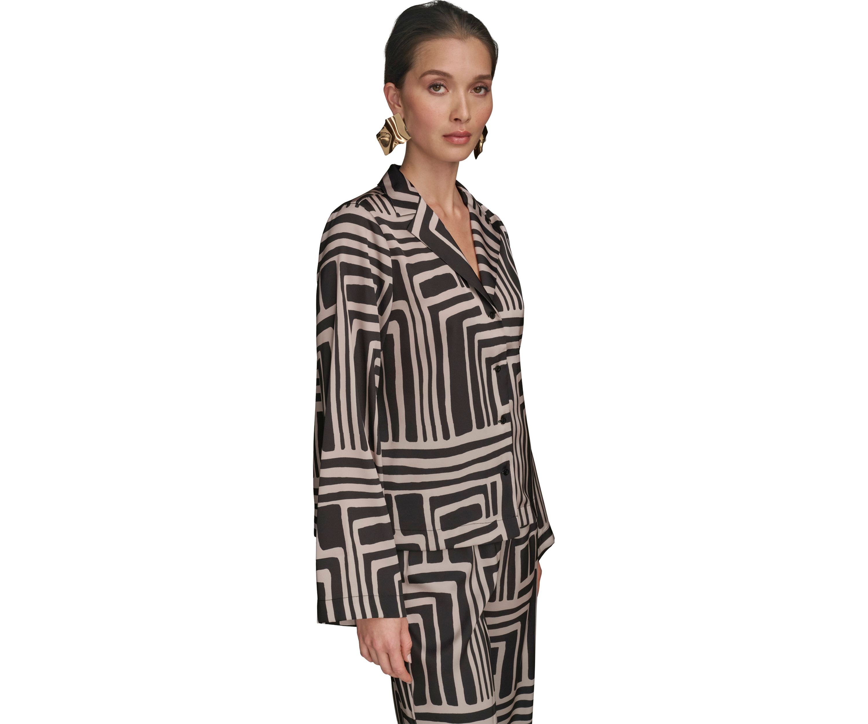 Womens Long Sleeve Geometric Print Collared Shirt 