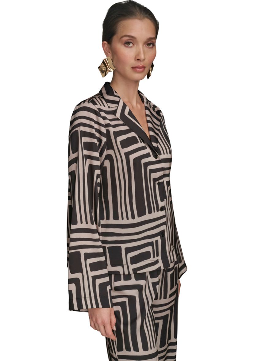 Womens Long Sleeve Geometric Print Collared Shirt 
