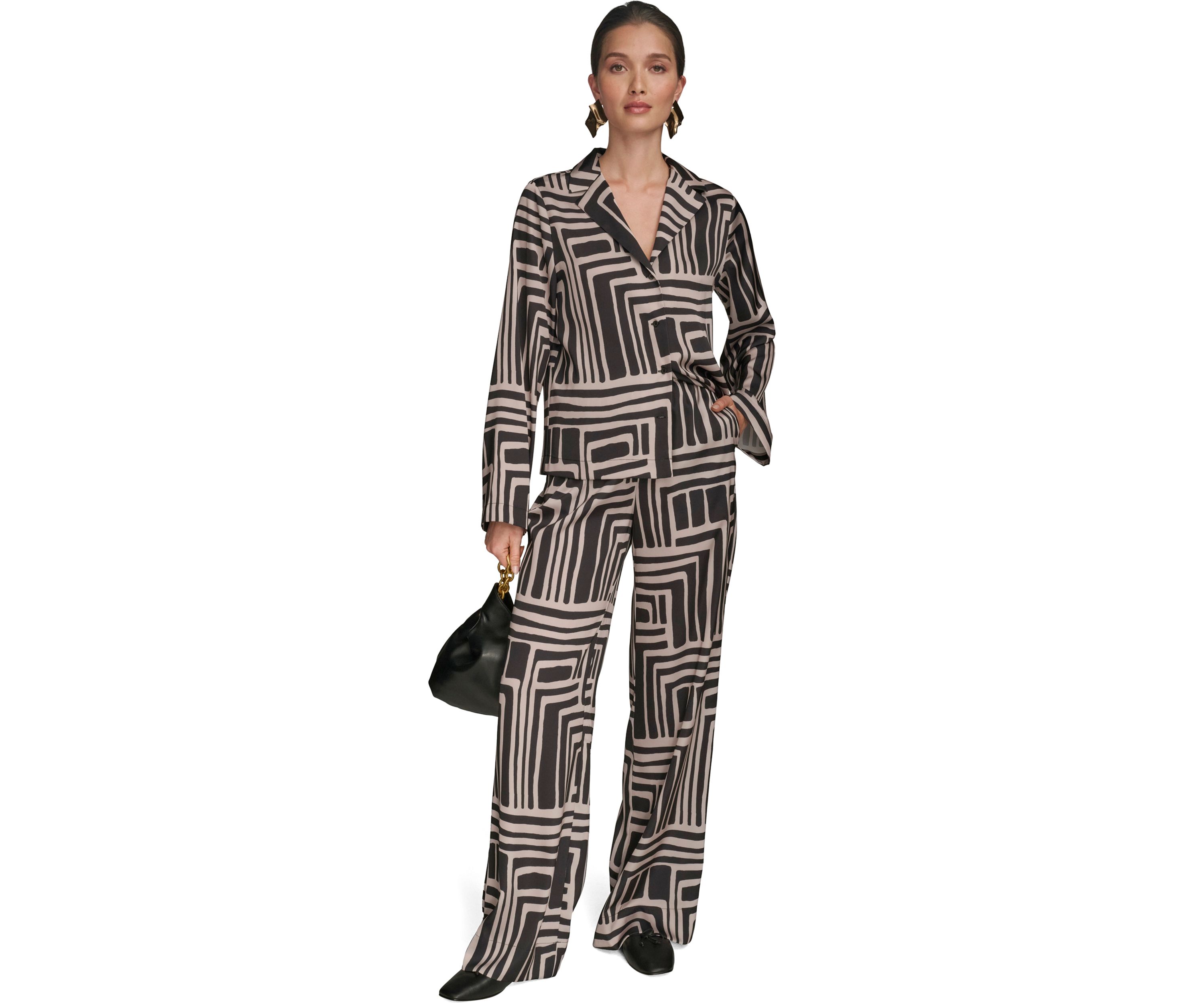 Womens Long Sleeve Geometric Print Collared Shirt 