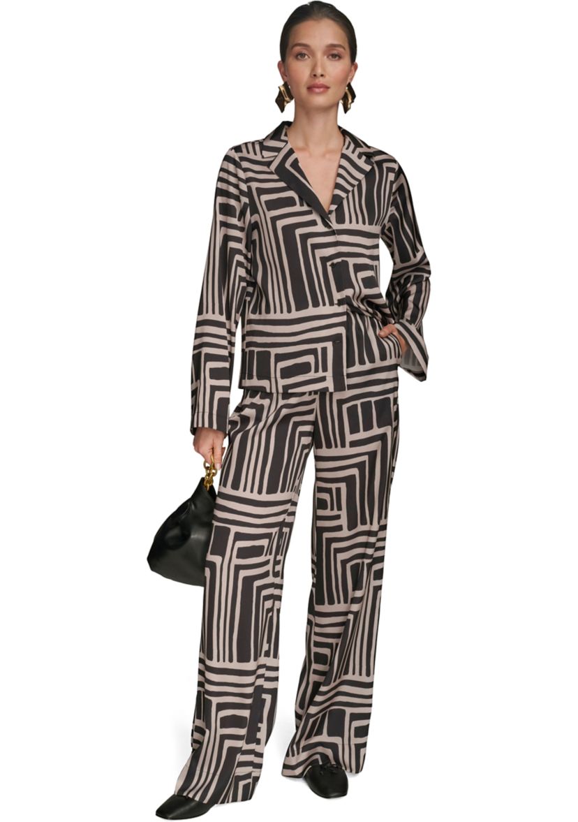 Womens Long Sleeve Geometric Print Collared Shirt 