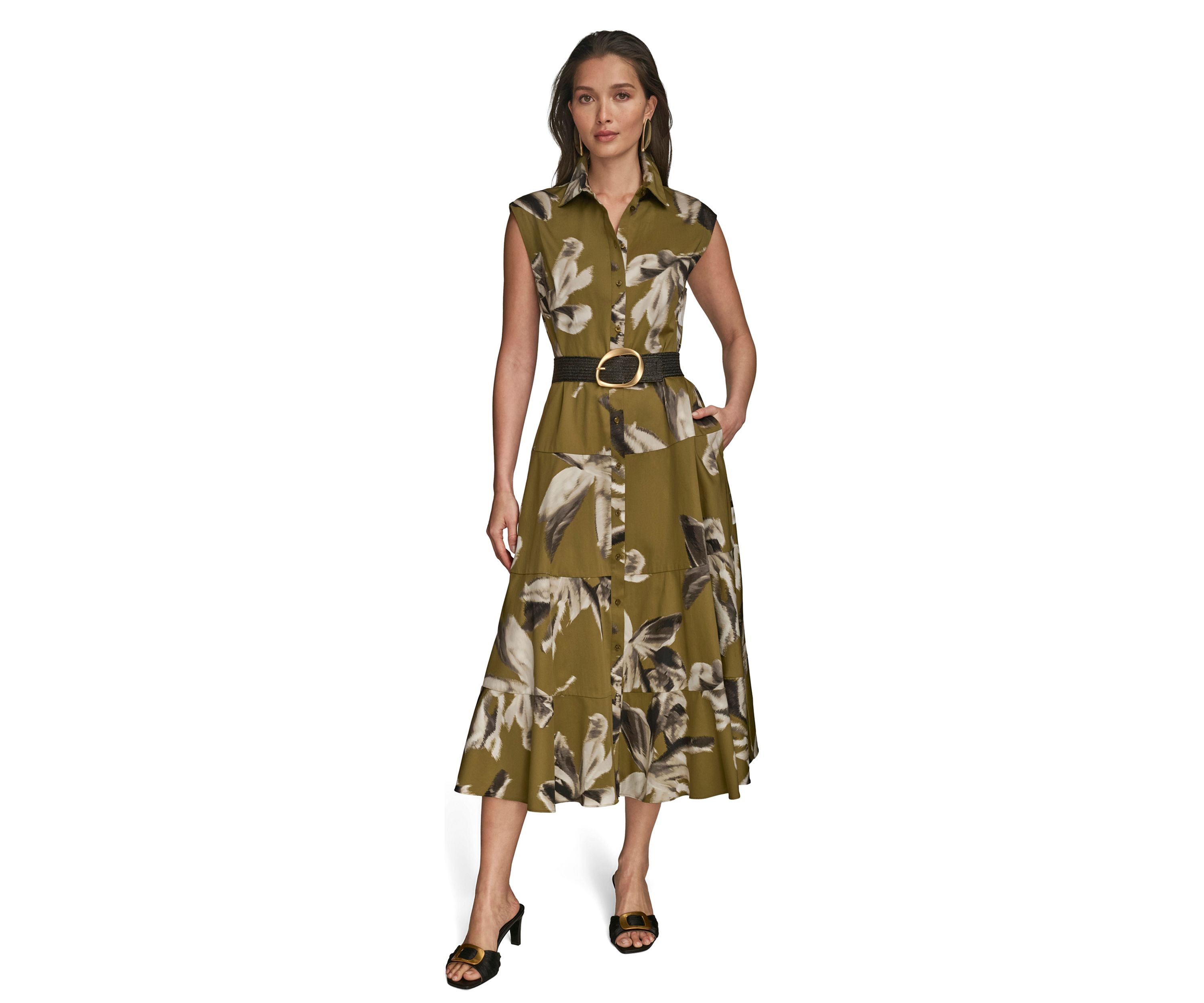 Womens Belted Floral Printed Shirtdress