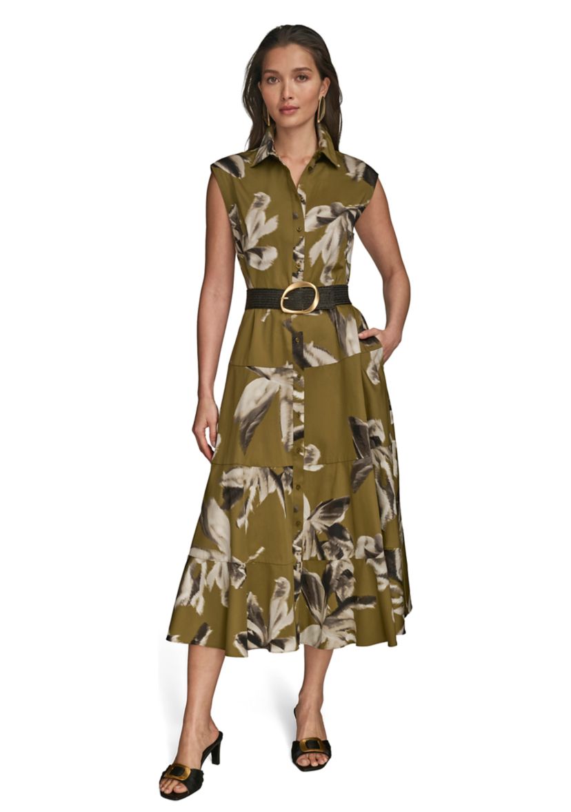 Womens Belted Floral Printed Shirtdress