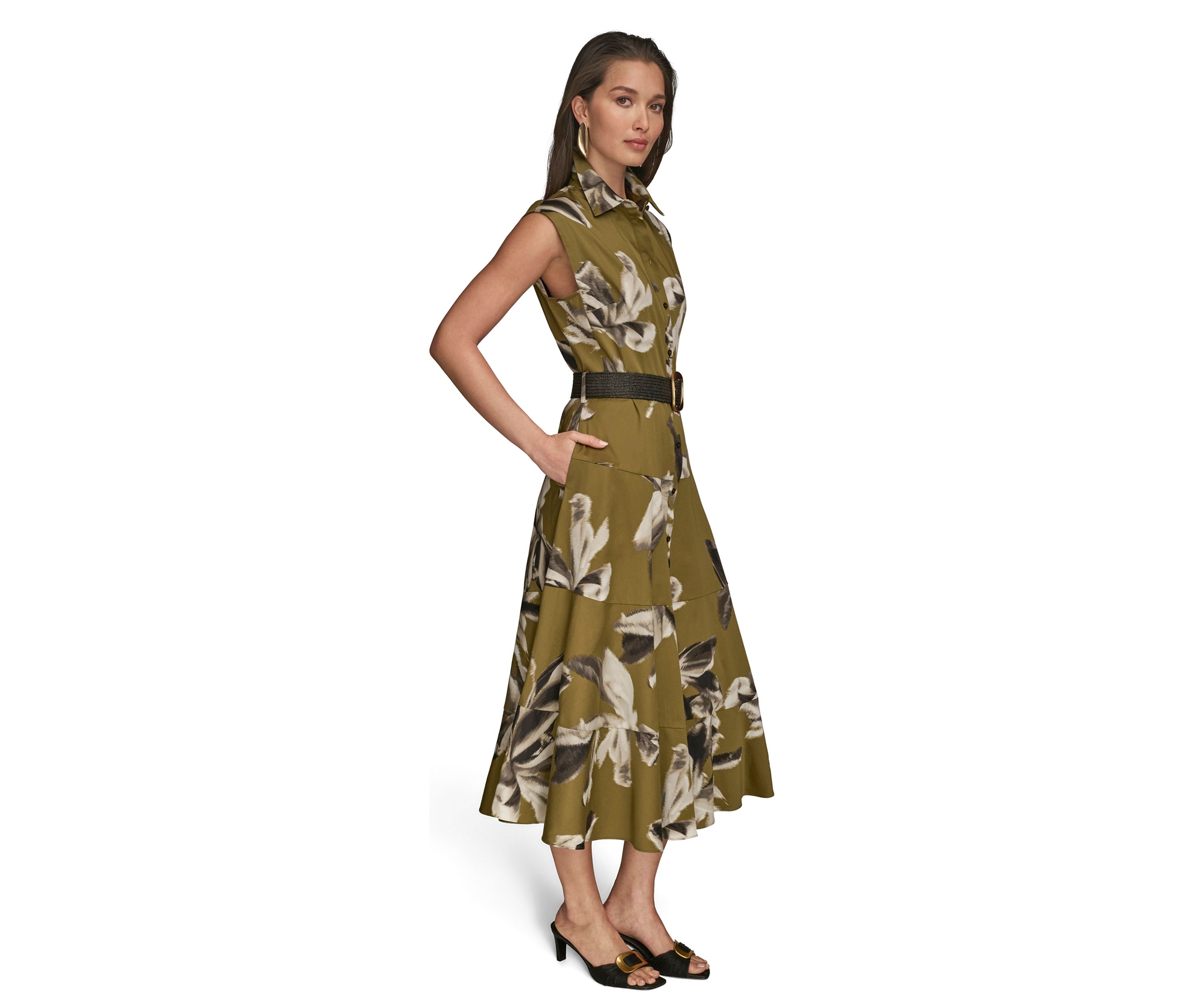 Womens Belted Floral Printed Shirtdress