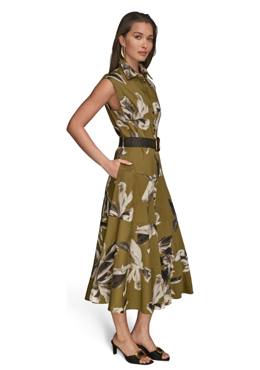 Womens Belted Floral Printed Shirtdress