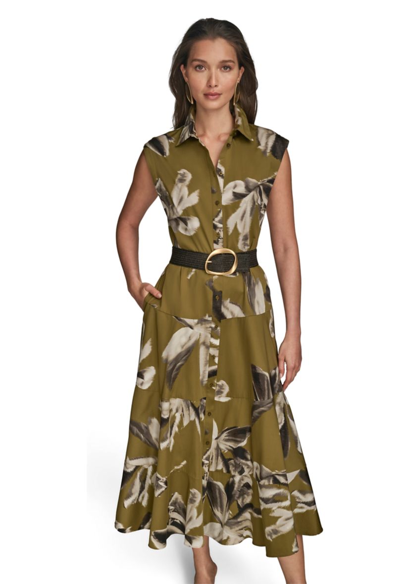 Womens Belted Floral Printed Shirtdress