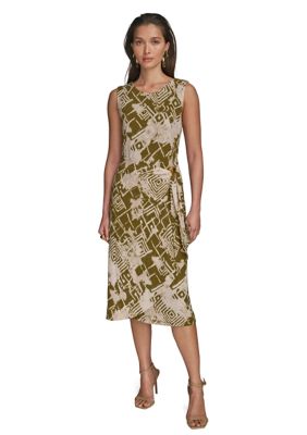 Donna Karan New York Women's Sleeveless Side Ruched Printed Mesh Dress, Small