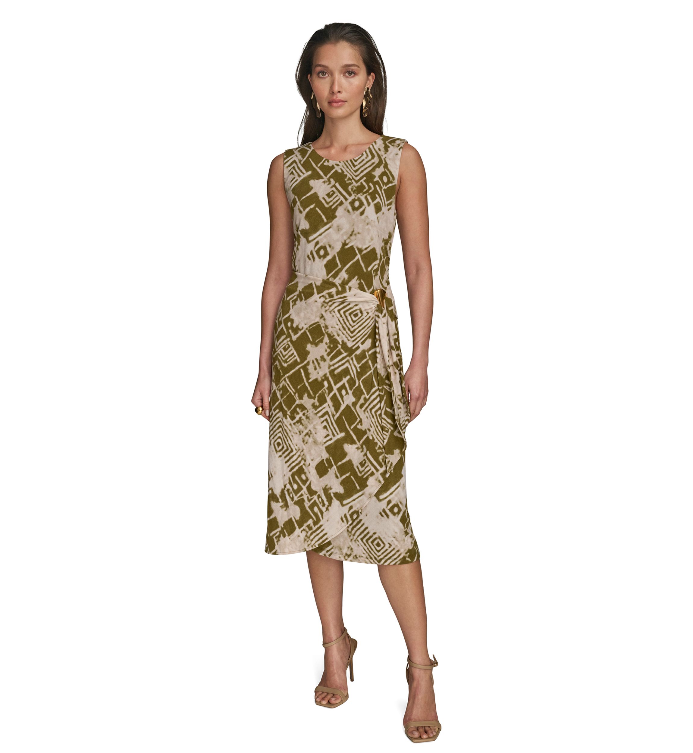 Womens Sleeveless Side Ruched Printed Mesh Dress