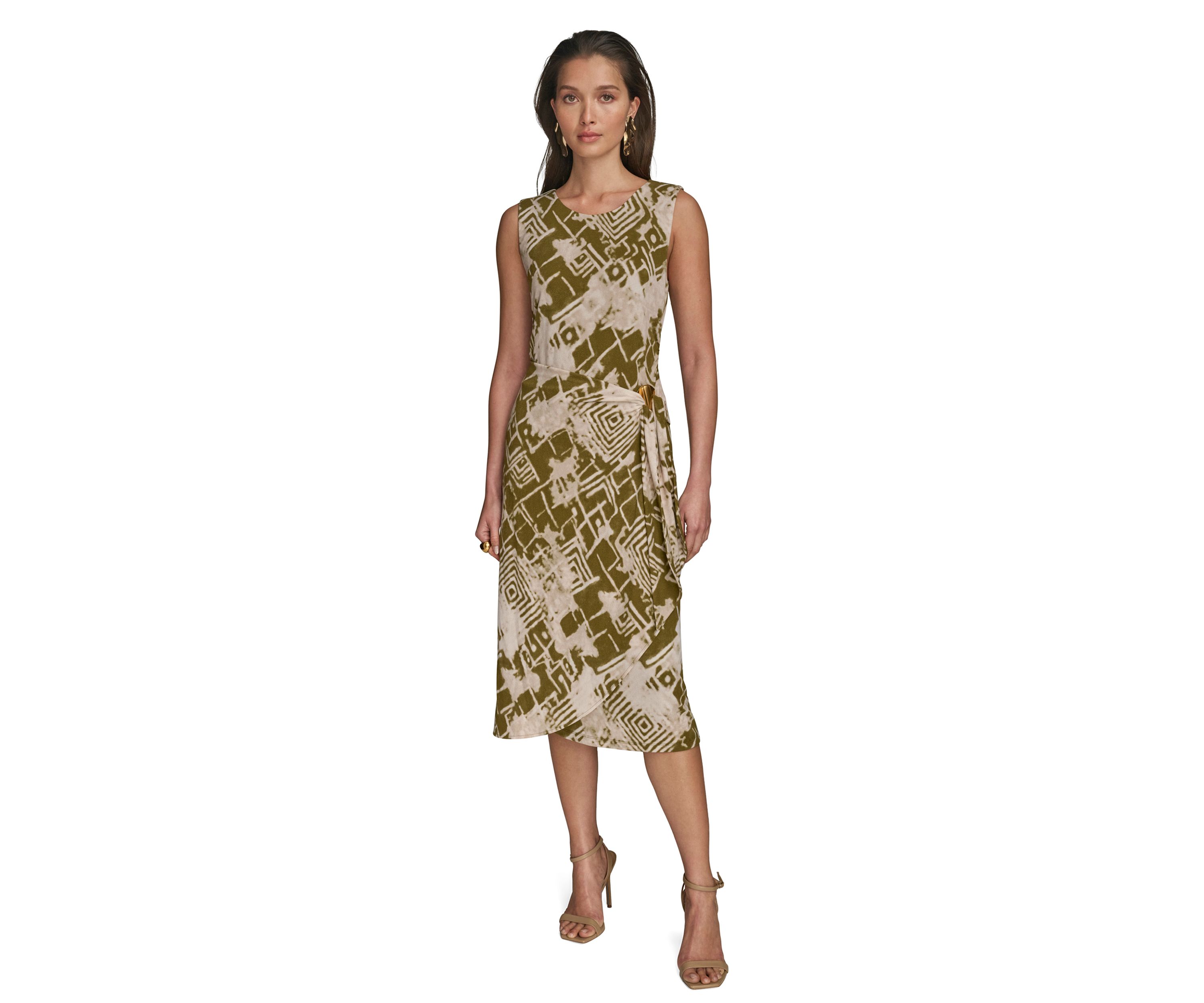 Womens Sleeveless Side Ruched Printed Mesh Dress
