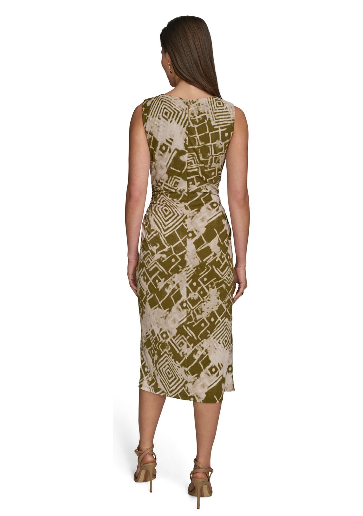 Womens Sleeveless Side Ruched Printed Mesh Dress