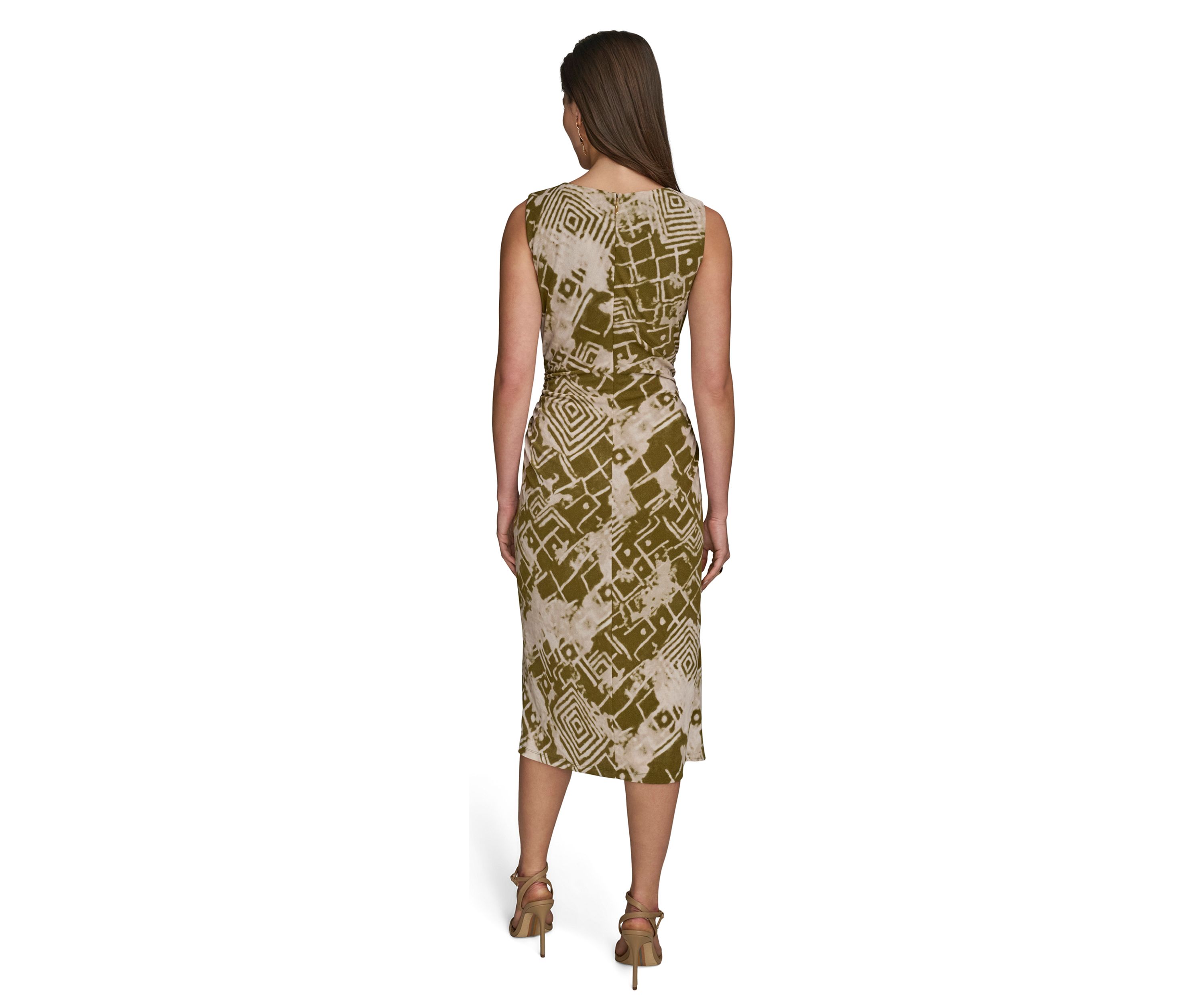 Womens Sleeveless Side Ruched Printed Mesh Dress