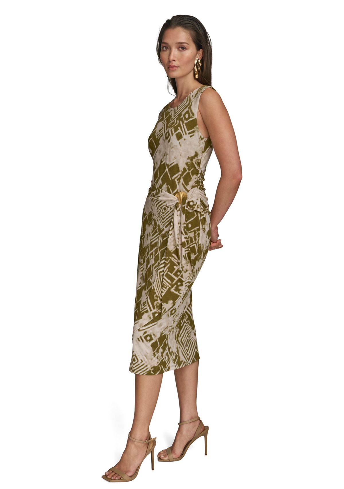 Womens Sleeveless Side Ruched Printed Mesh Dress