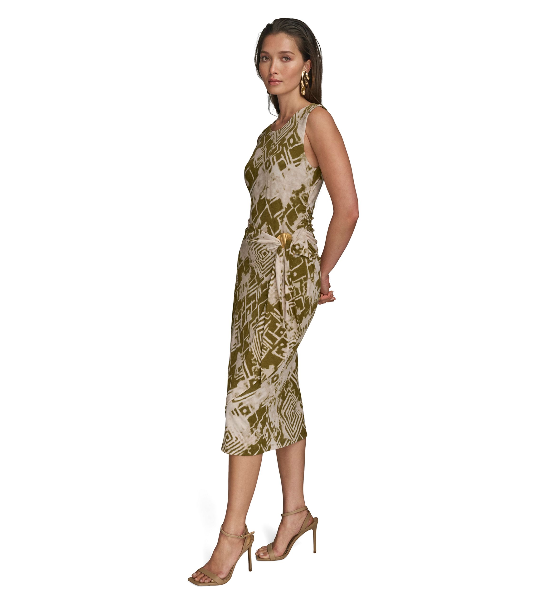 Womens Sleeveless Side Ruched Printed Mesh Dress