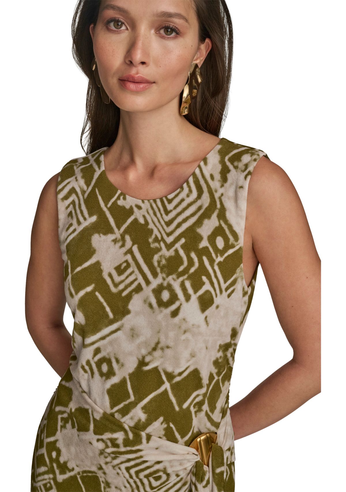 Womens Sleeveless Side Ruched Printed Mesh Dress