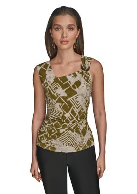 Donna Karan New York Women's Asymmetrical Printed Mesh Top, X-Large