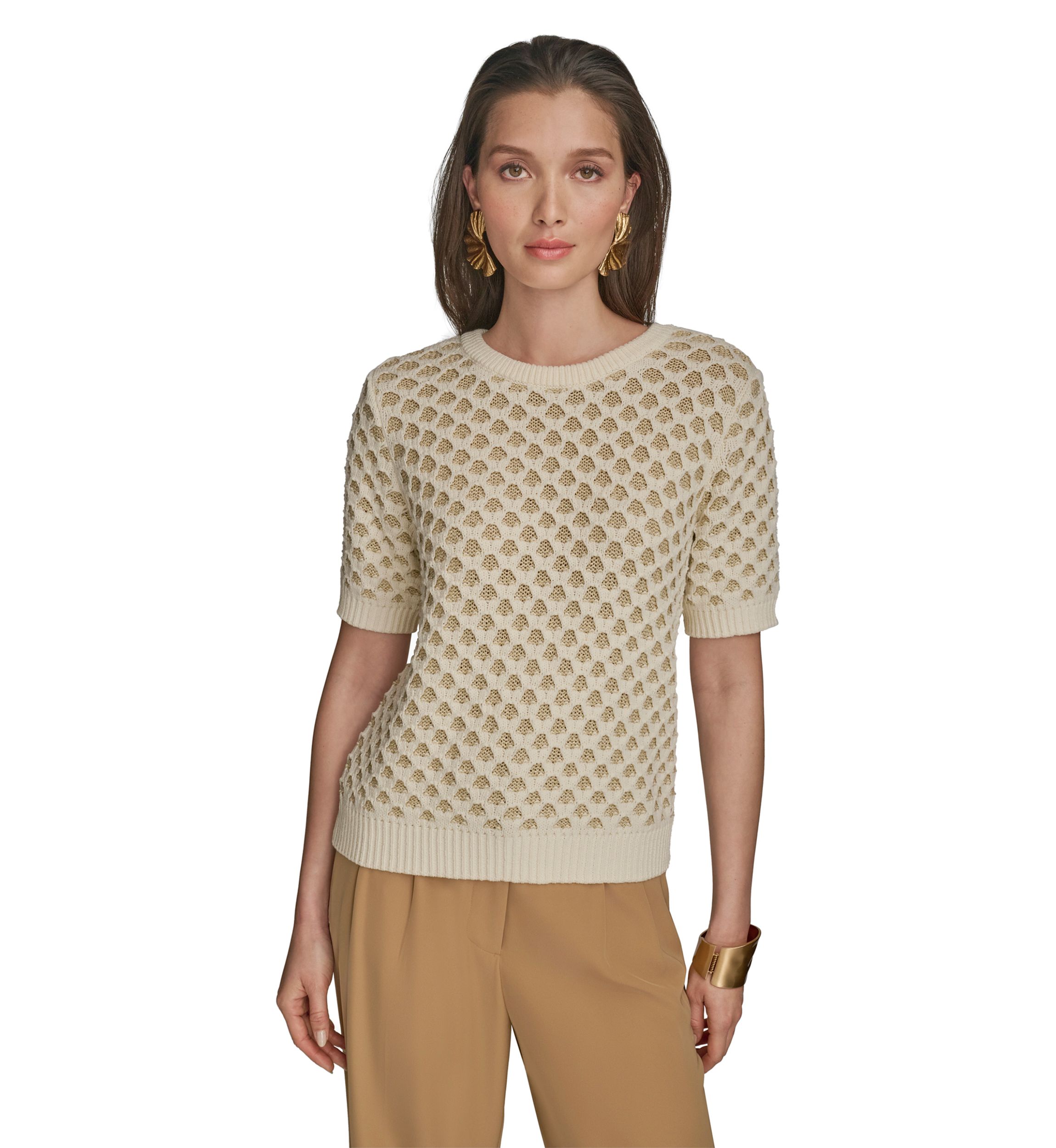 Womens Short Sleeve 2 Tone Honeycomb Sweater