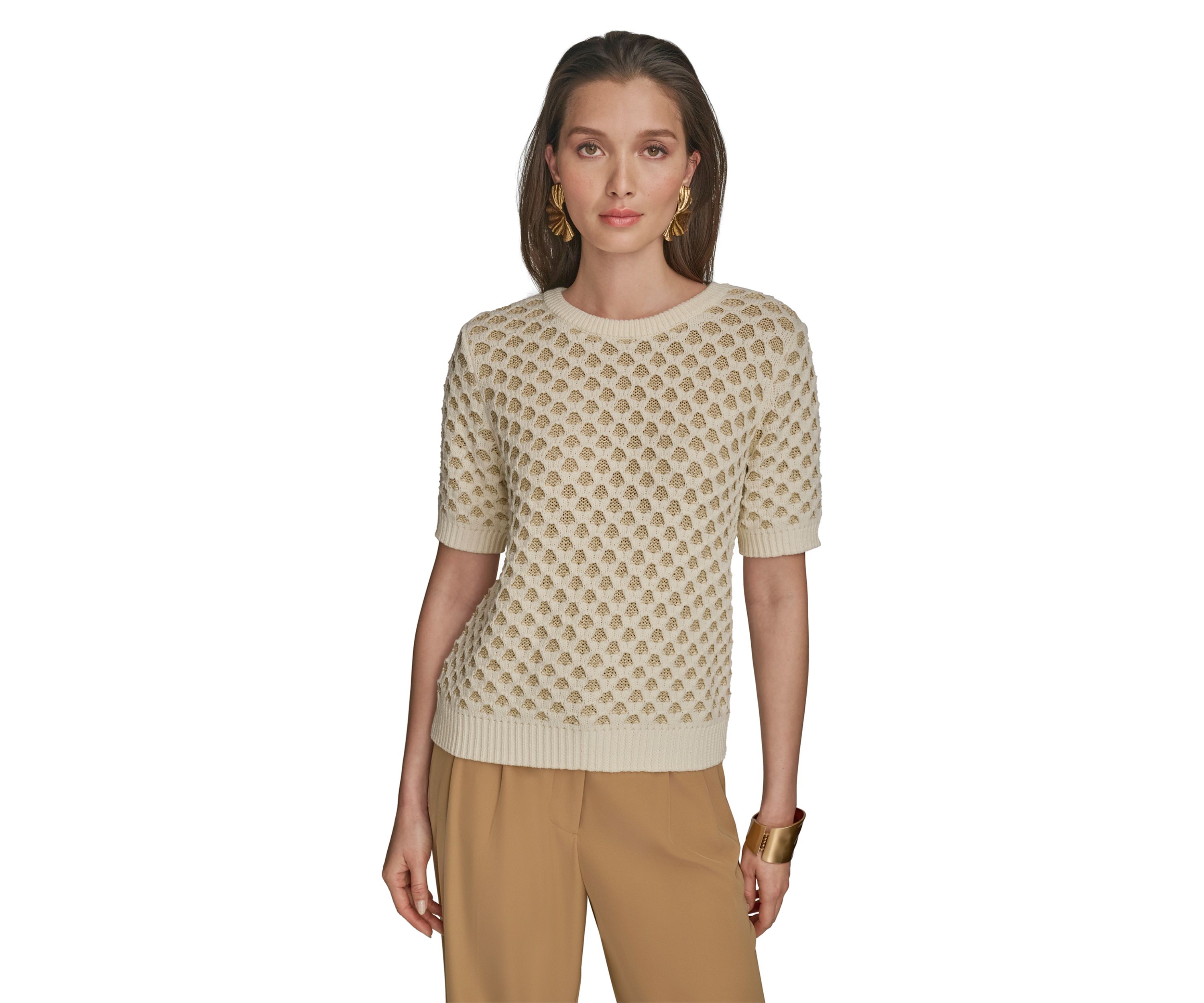 Womens Short Sleeve 2 Tone Honeycomb Sweater