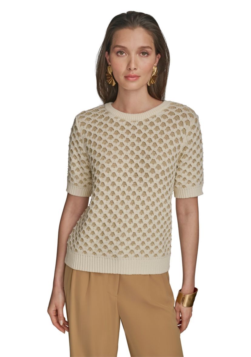 Womens Short Sleeve 2 Tone Honeycomb Sweater
