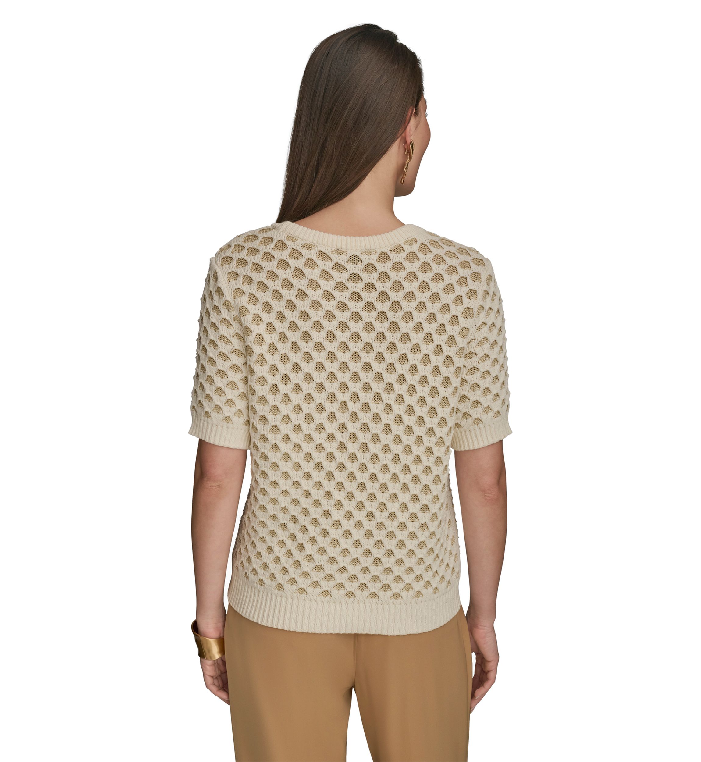 Womens Short Sleeve 2 Tone Honeycomb Sweater