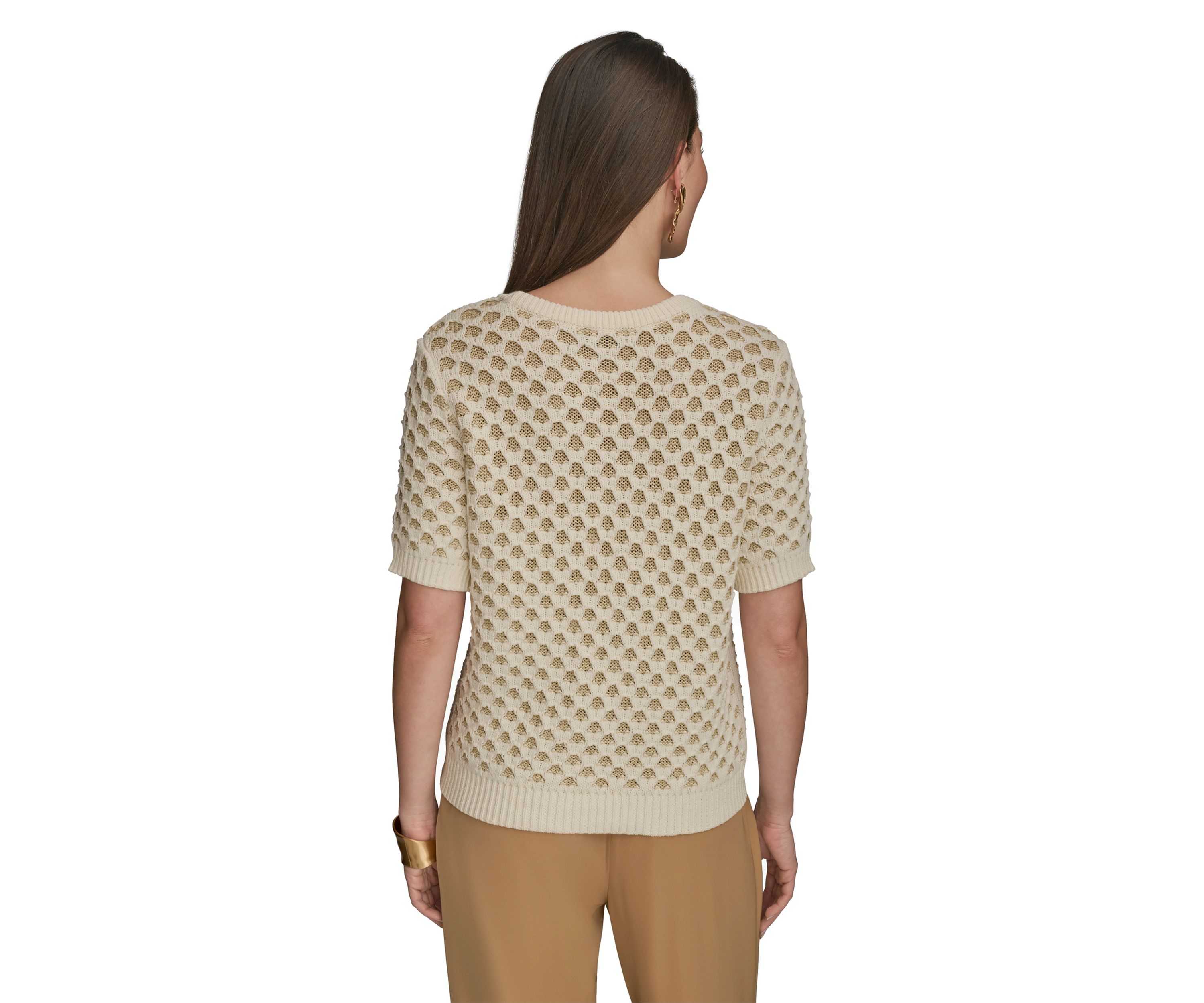 Womens Short Sleeve 2 Tone Honeycomb Sweater