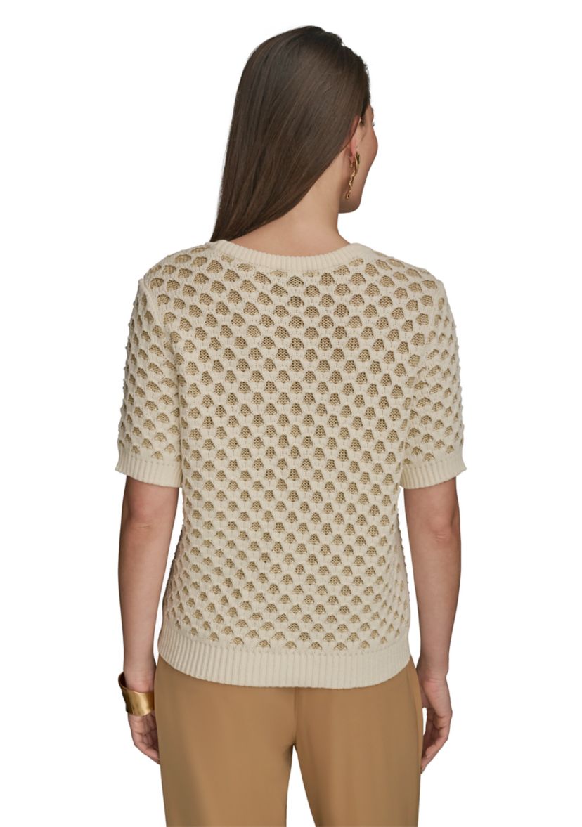Womens Short Sleeve 2 Tone Honeycomb Sweater