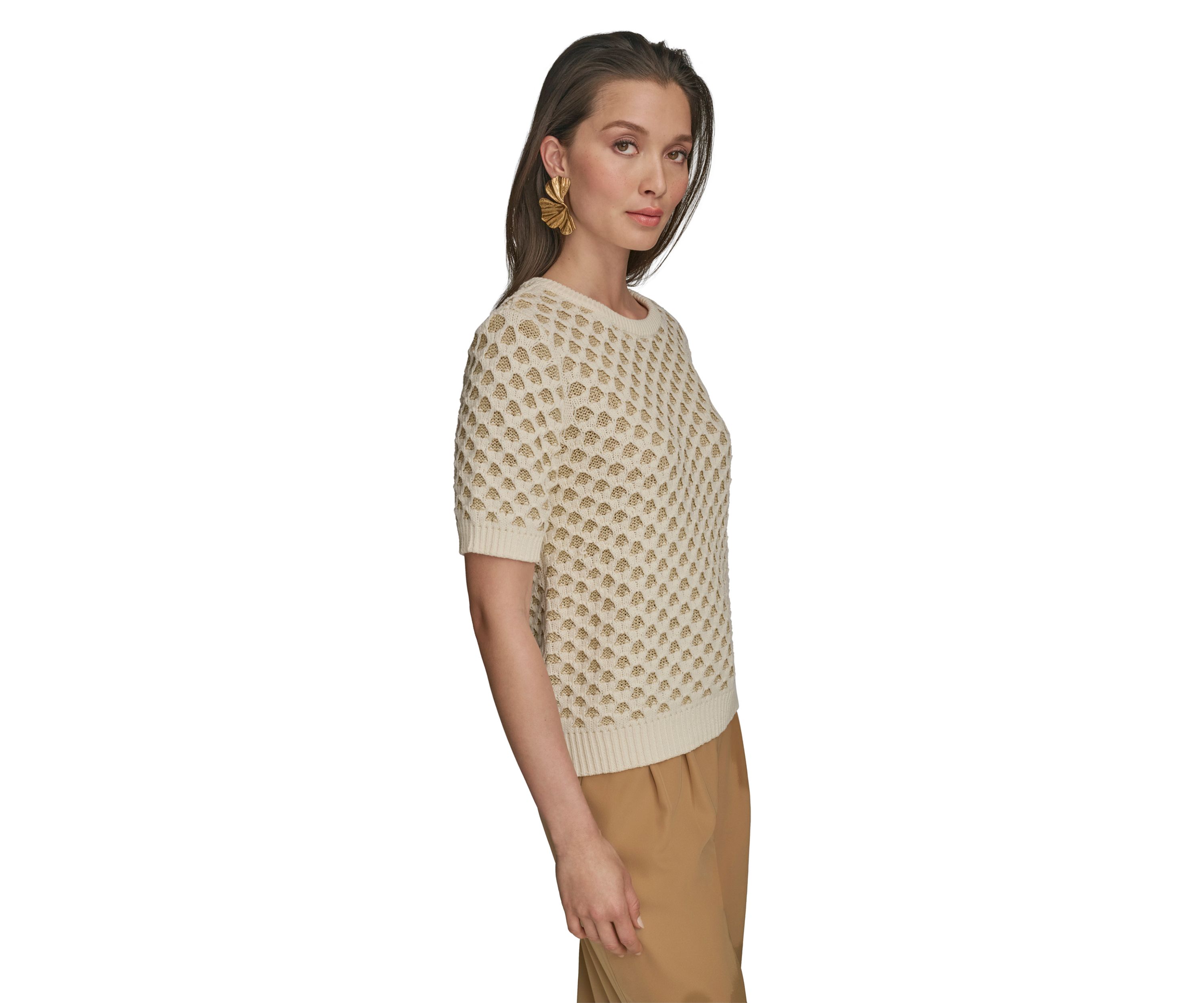 Womens Short Sleeve 2 Tone Honeycomb Sweater