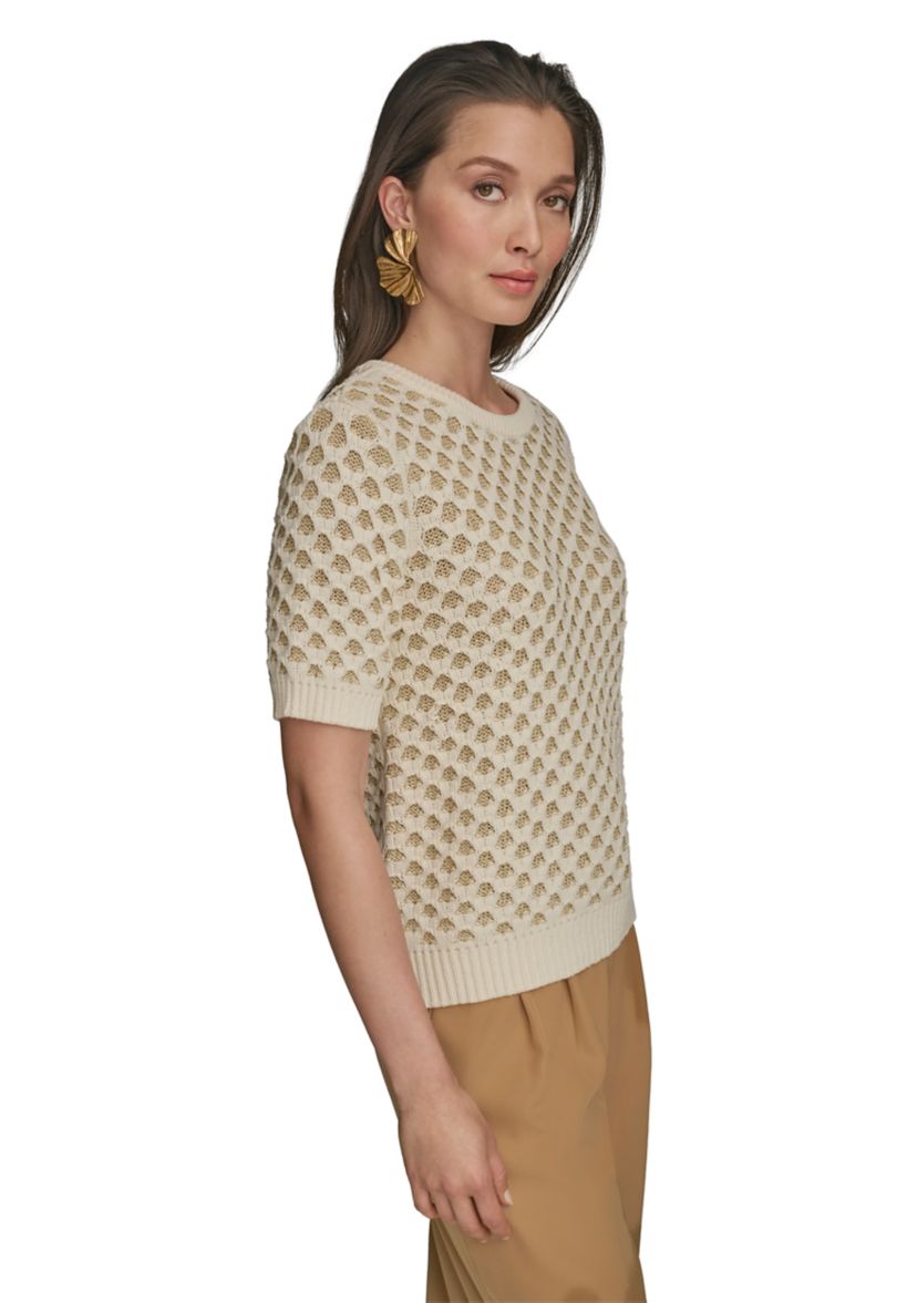 Womens Short Sleeve 2 Tone Honeycomb Sweater