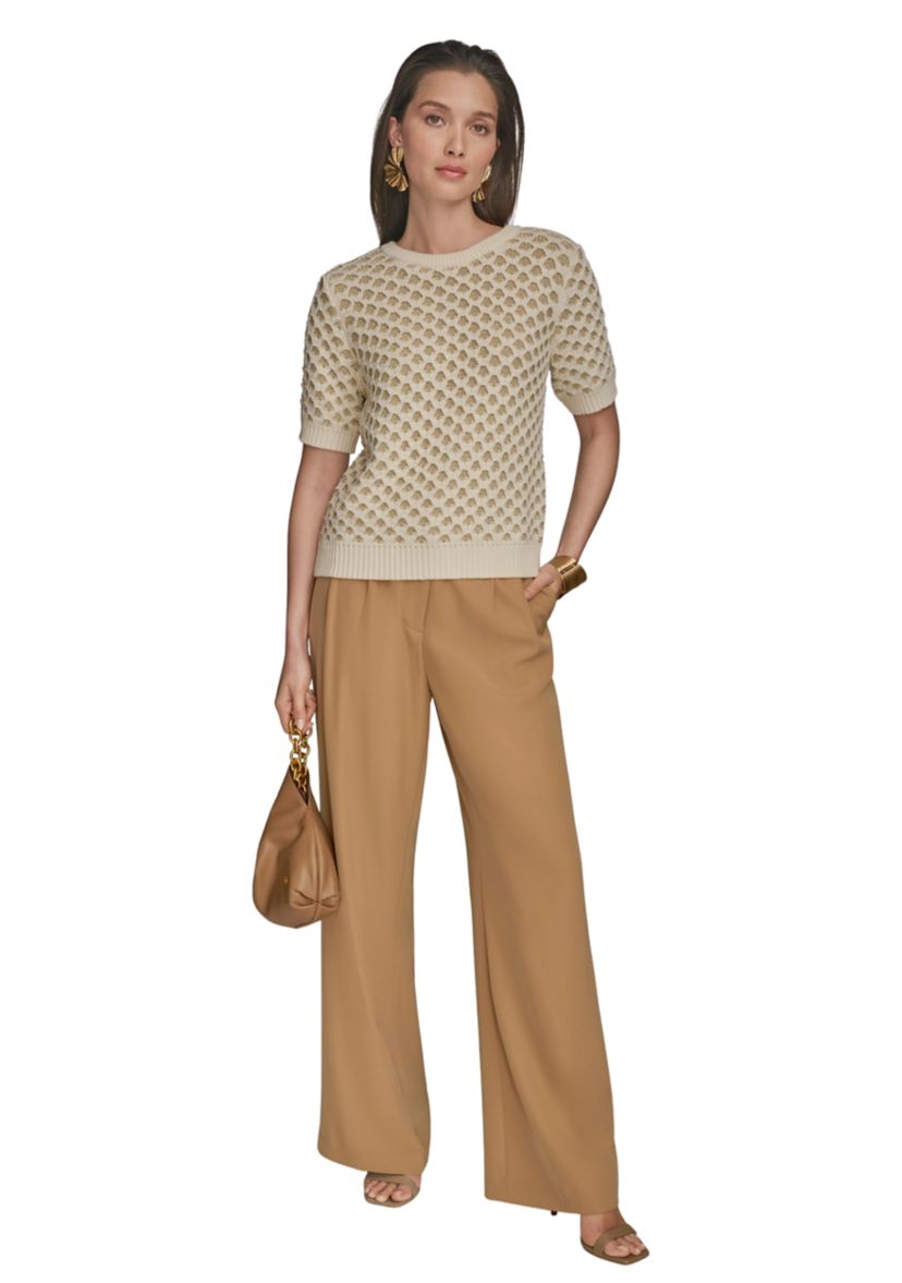 Womens Short Sleeve 2 Tone Honeycomb Sweater