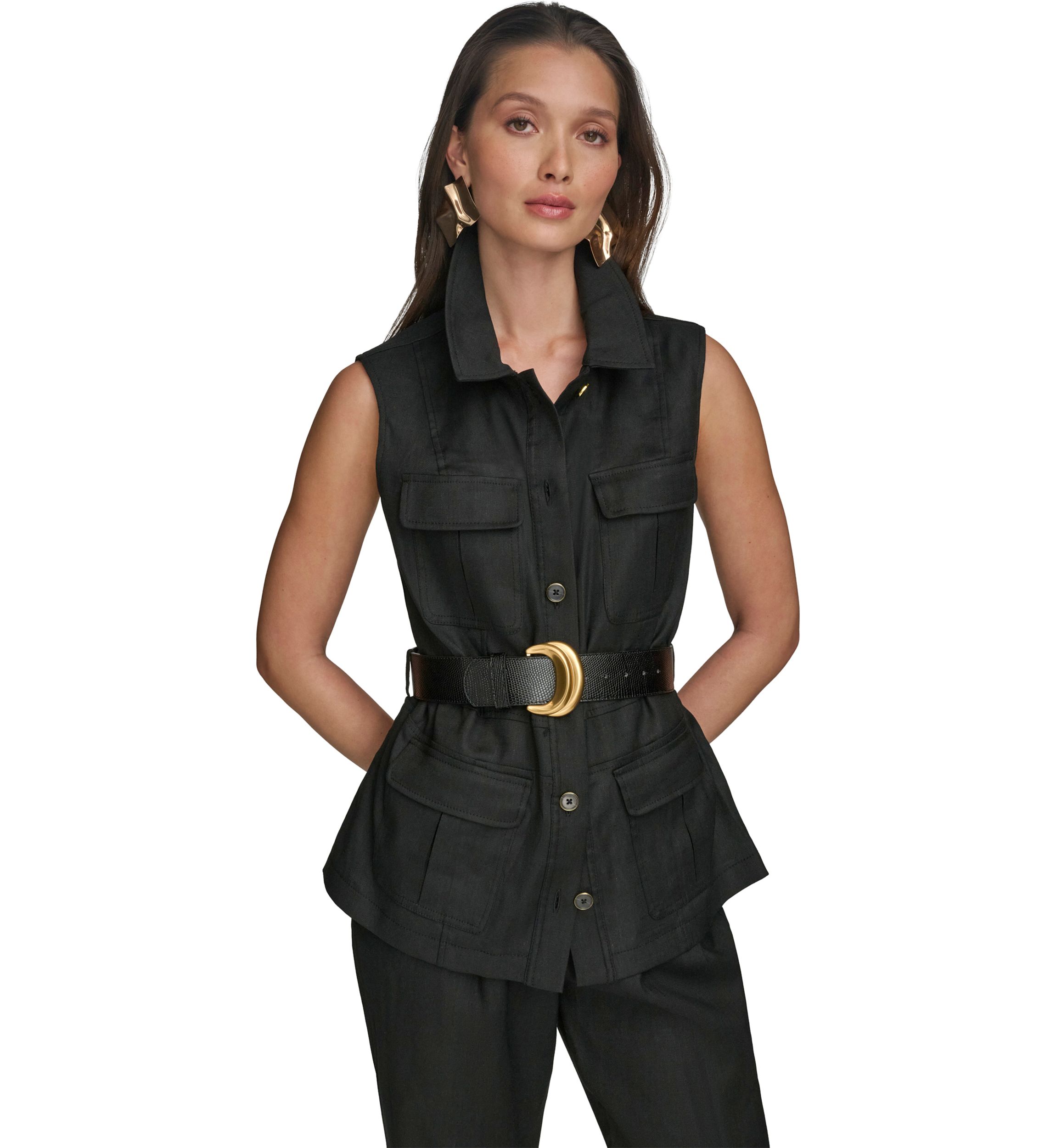 Womens Sleeveless Button Front Belted Vest
