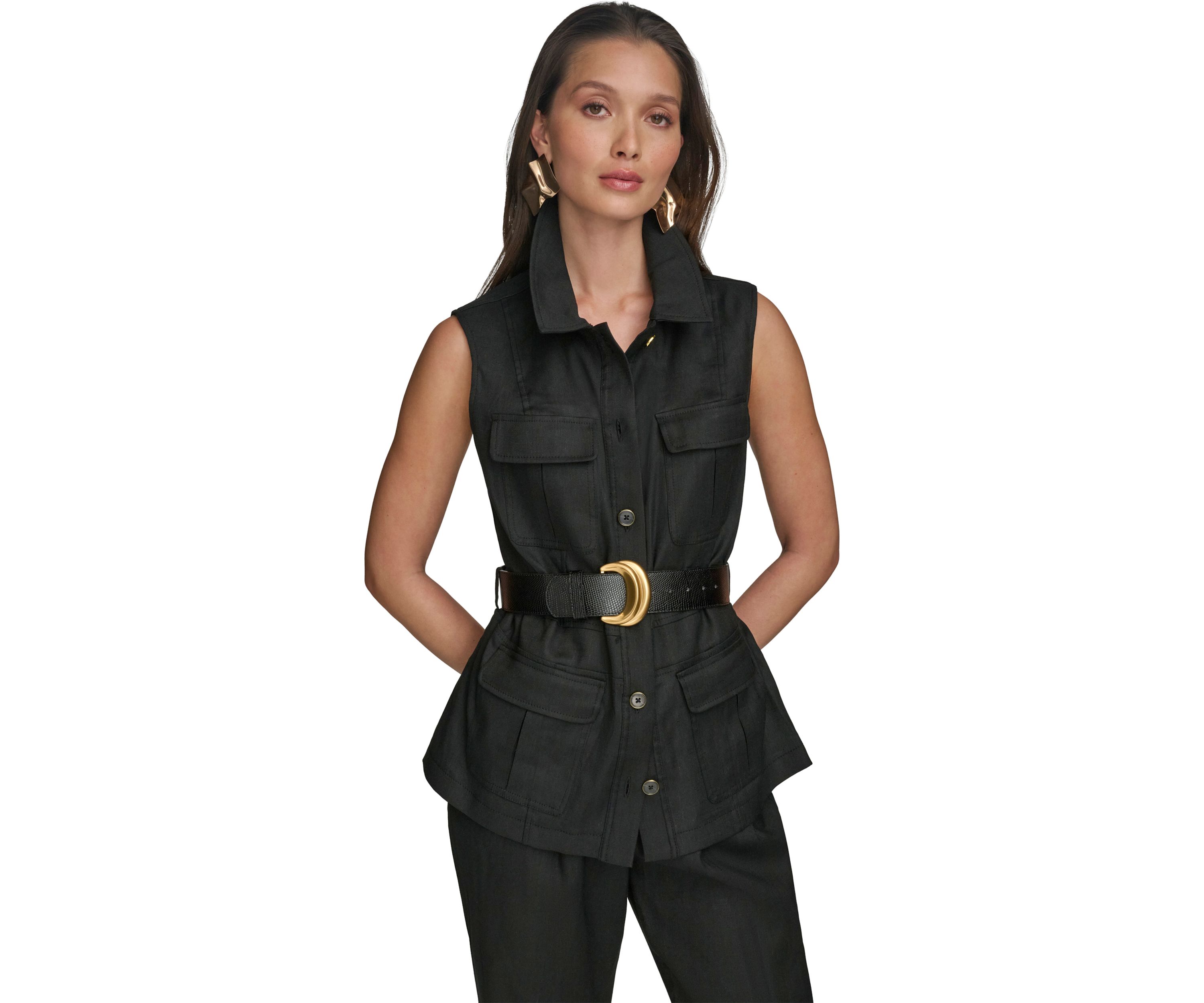 Womens Sleeveless Button Front Belted Vest