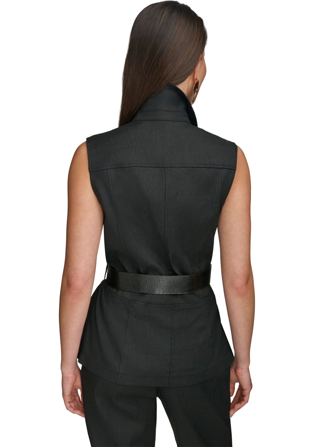 Womens Sleeveless Button Front Belted Vest