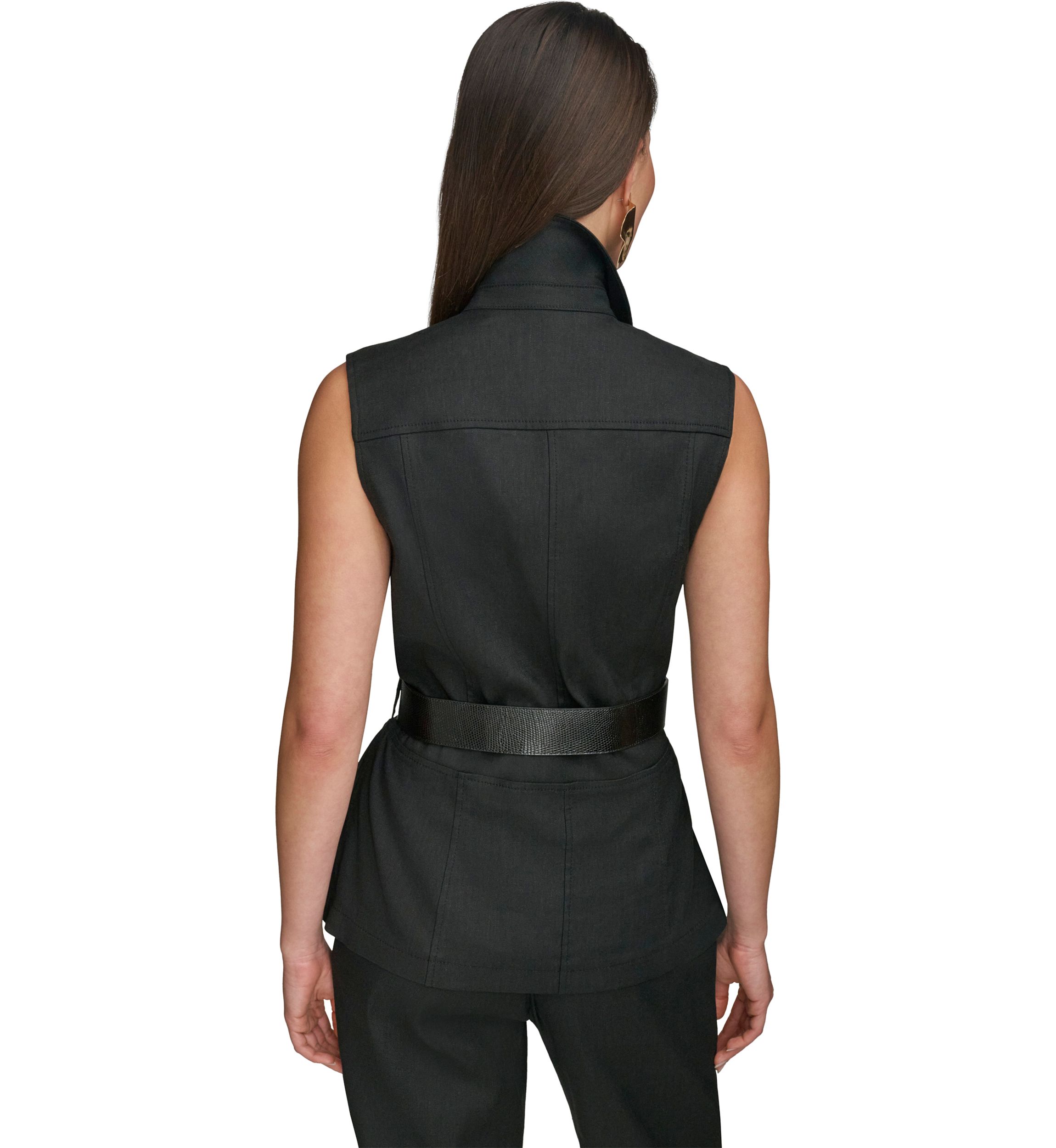 Womens Sleeveless Button Front Belted Vest