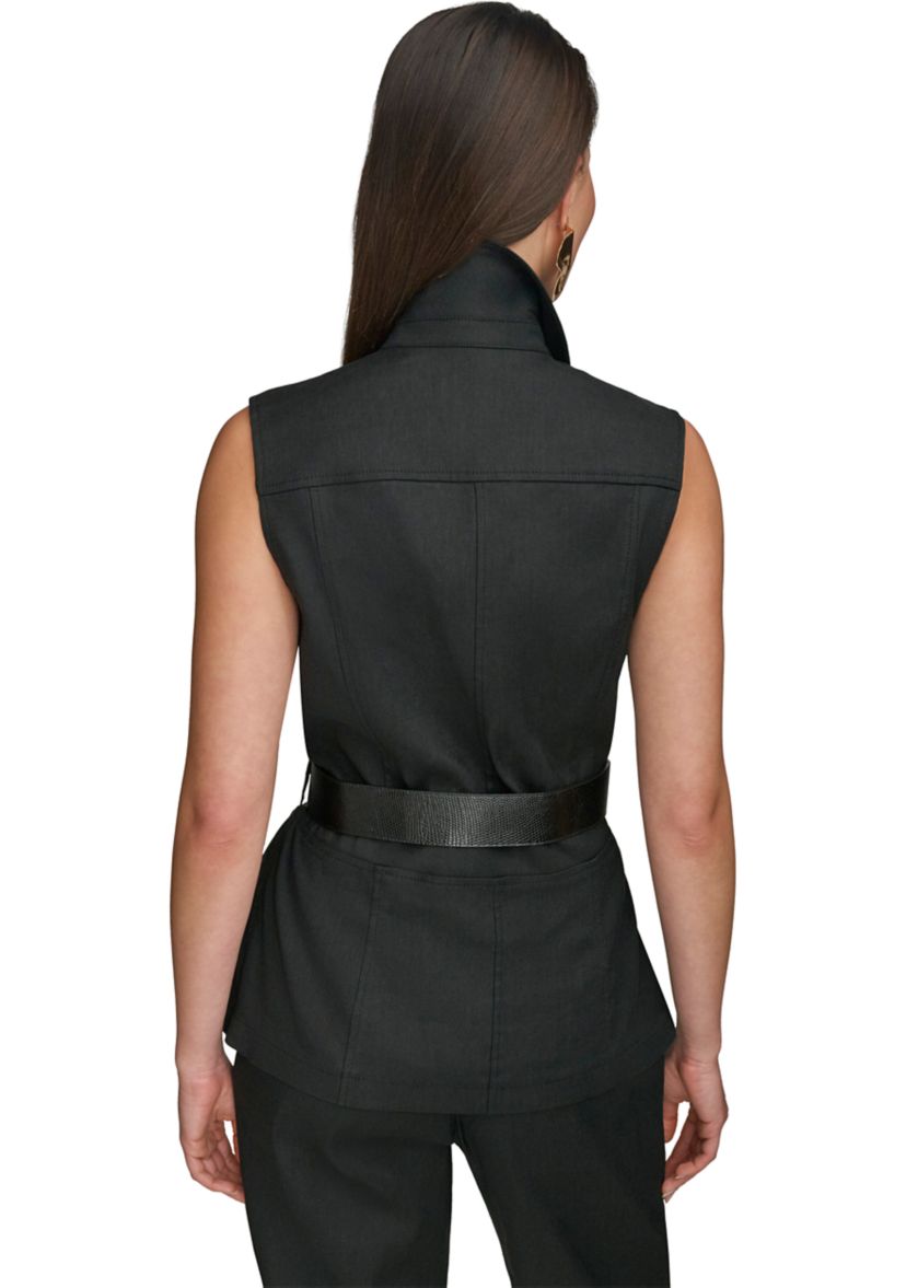 Womens Sleeveless Button Front Belted Vest