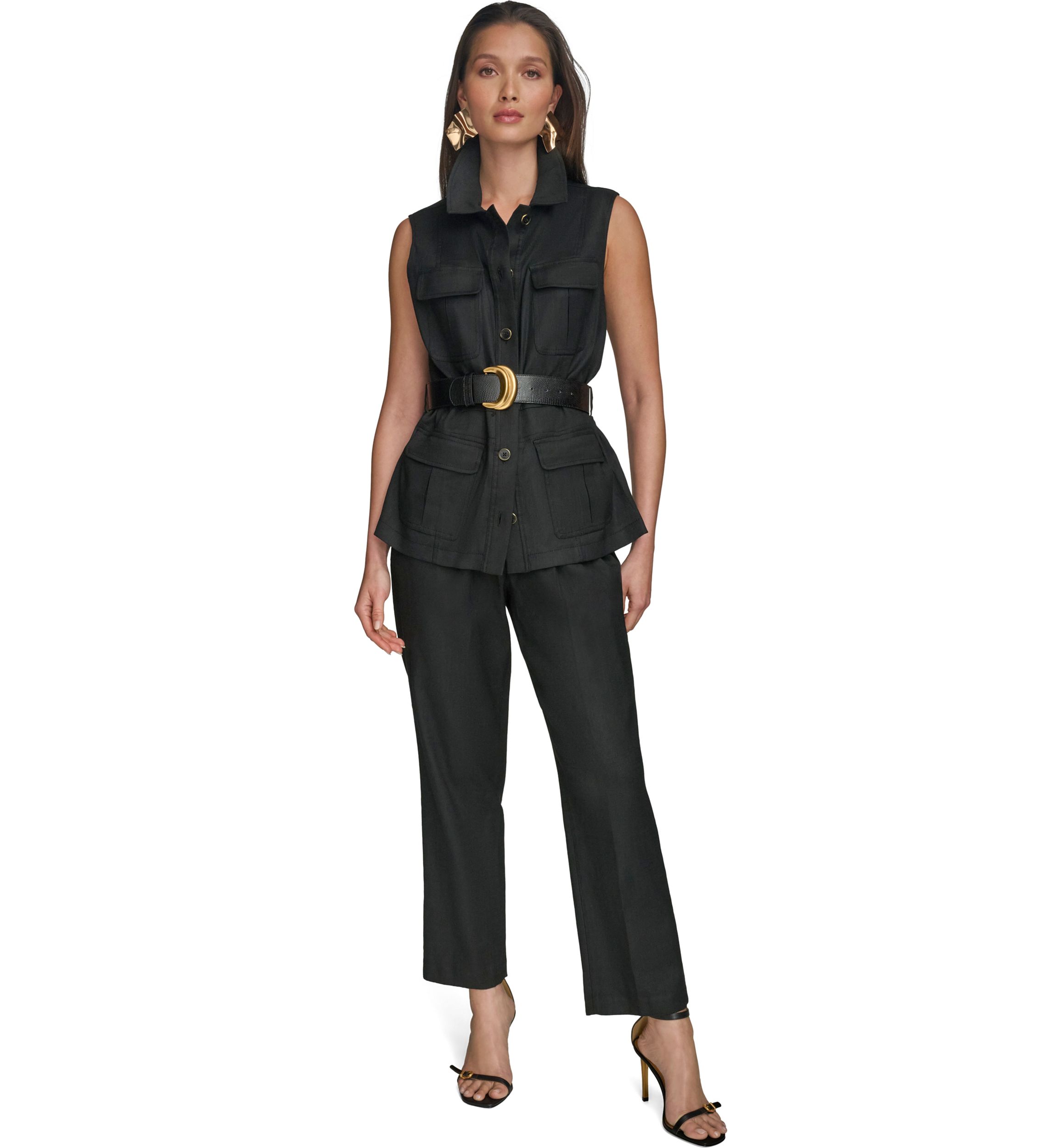 Womens Sleeveless Button Front Belted Vest