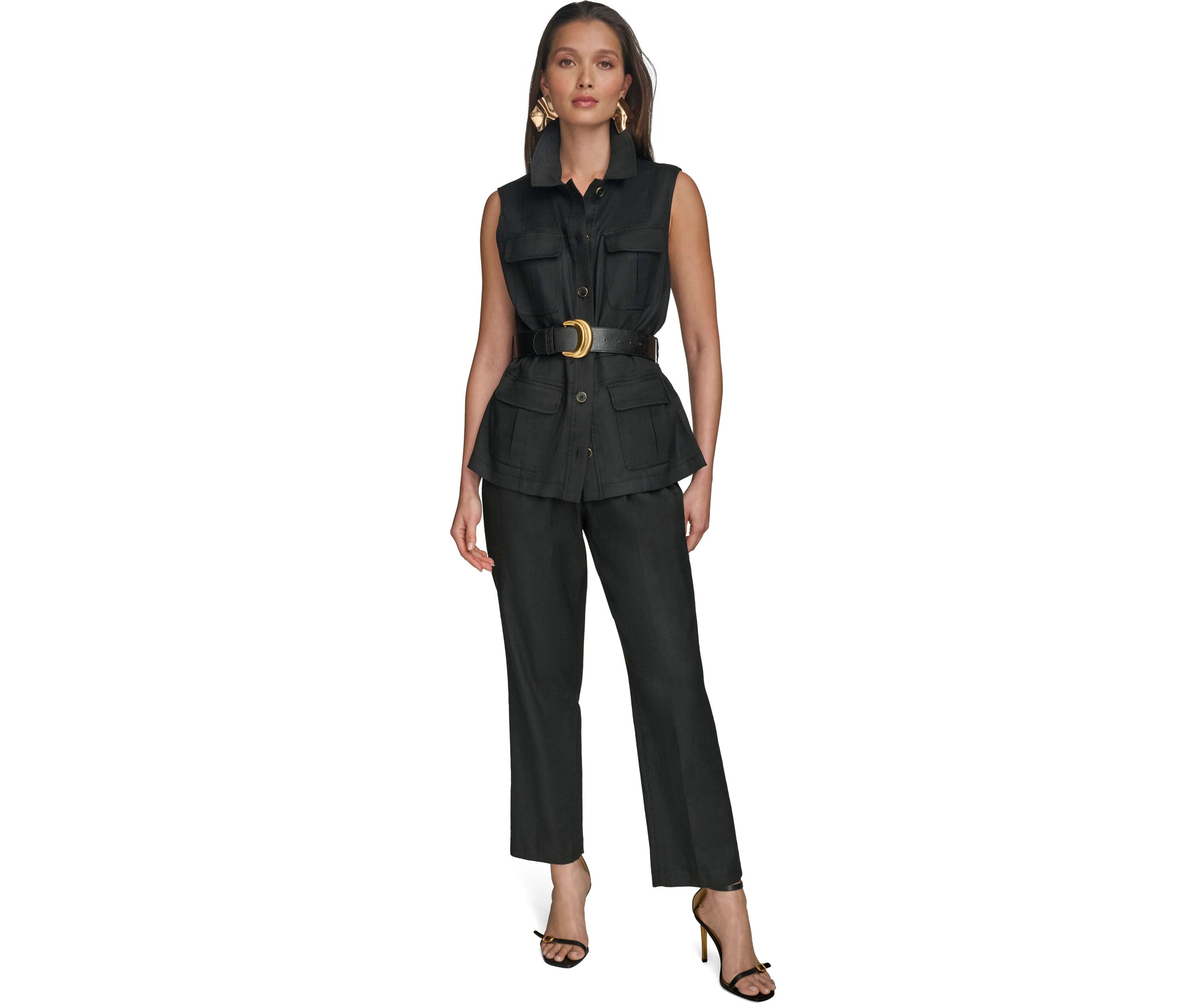 Womens Sleeveless Button Front Belted Vest