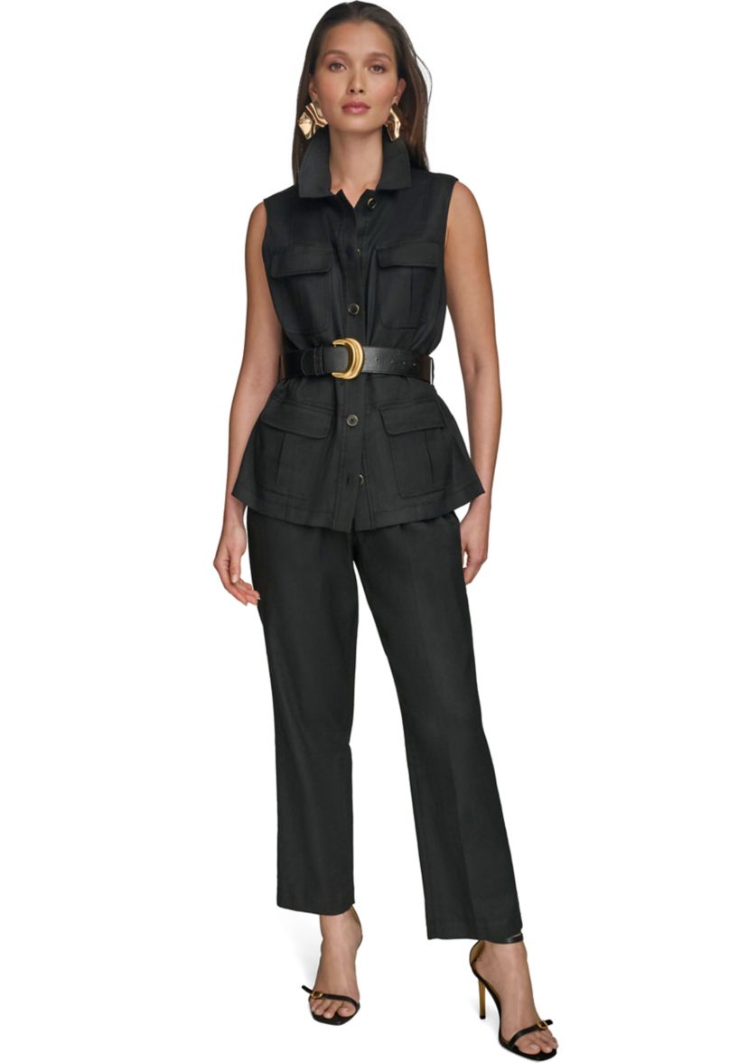 Womens Sleeveless Button Front Belted Vest