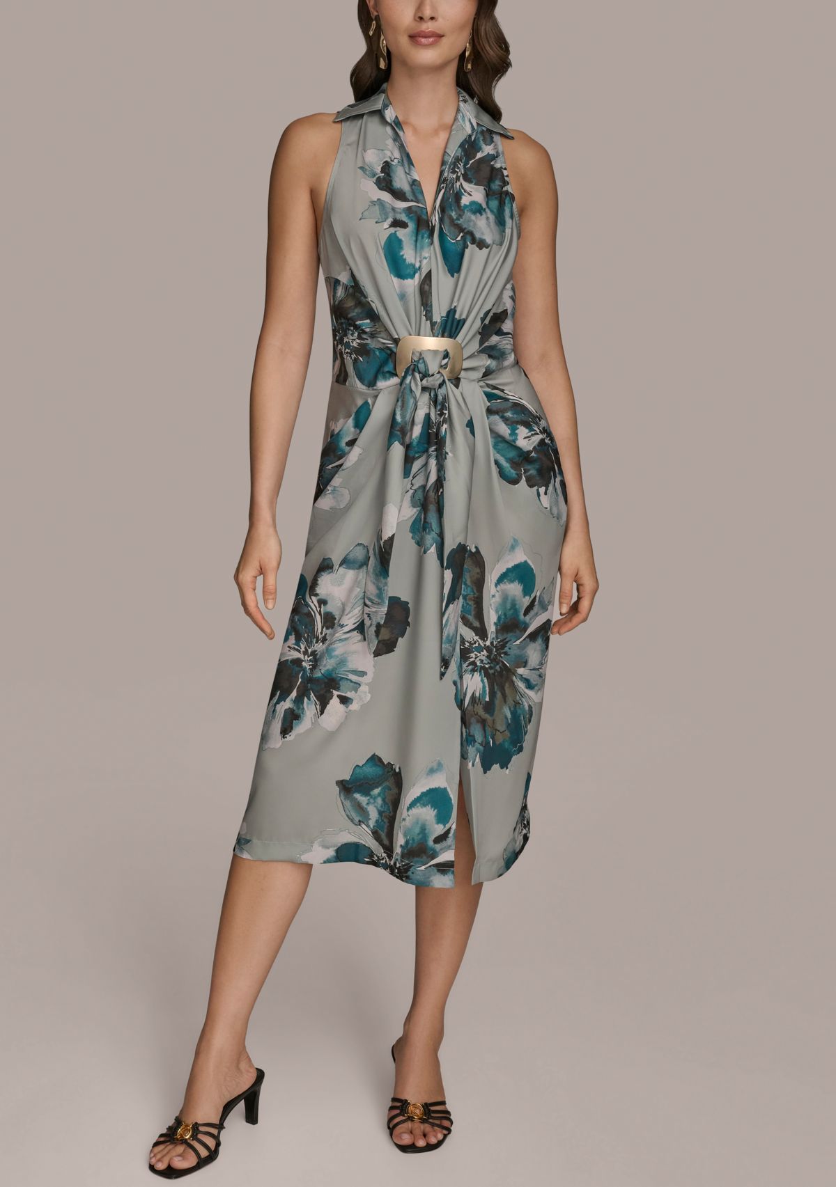 Womens Sleeveless Ruched Floral Hardware Dress